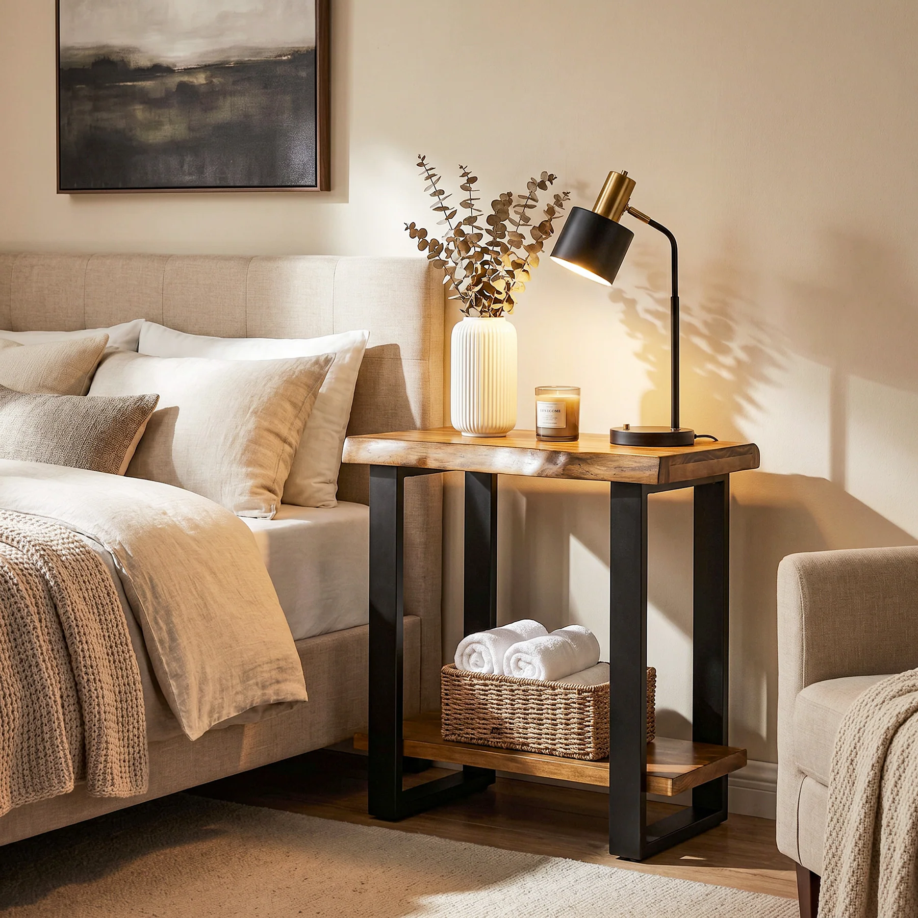 Solid Wood End Table, 2-Tier Side Table Nightstand with Iron Frame - Image 4