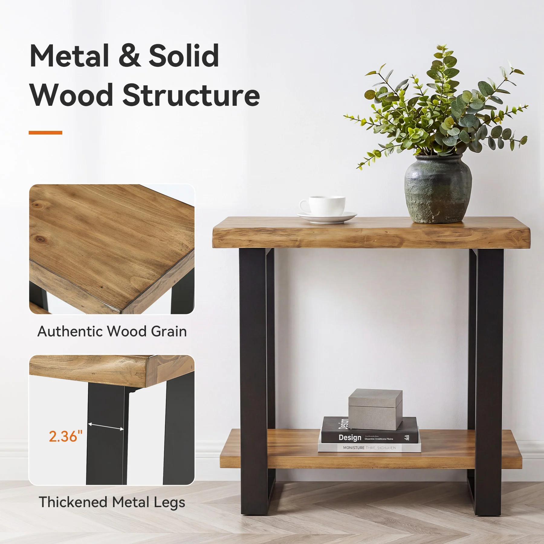 Solid Wood End Table, 2-Tier Side Table Nightstand with Iron Frame - Image 6