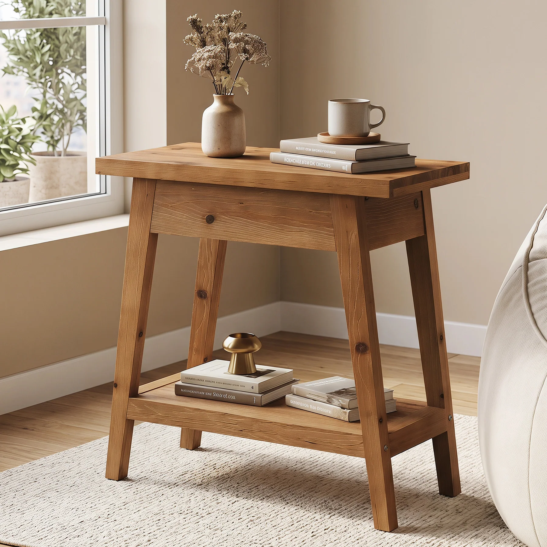 2-Tier Solid Wood End Table, Farmhouse Side Table with Storage for Living Room - Image 3