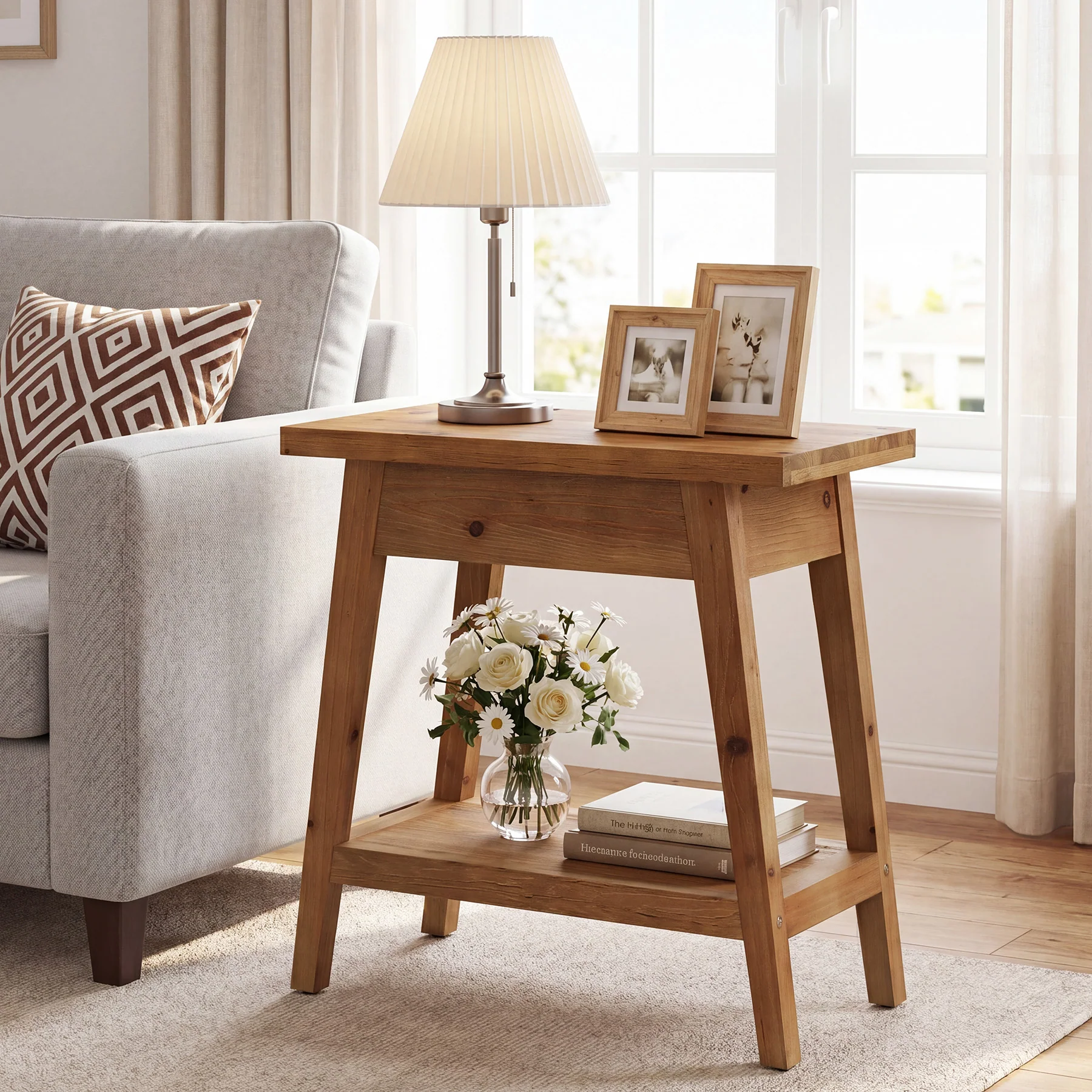 2-Tier Solid Wood End Table, Farmhouse Side Table with Storage for Living Room - Image 4