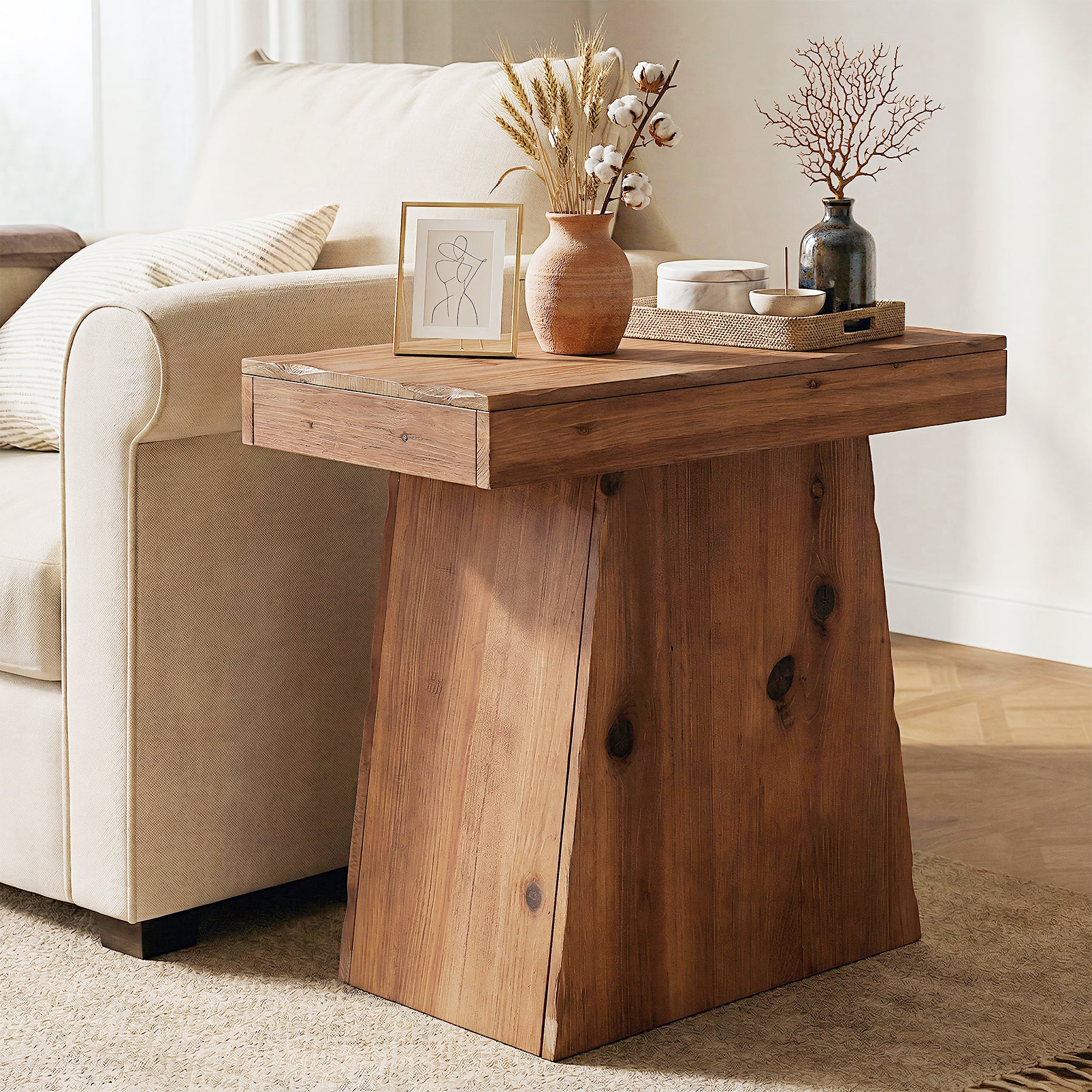 23.6-Inch Solid Wood End Table with Trapezoid Base, Small Walnut Side Taable for Living Room - Image 3