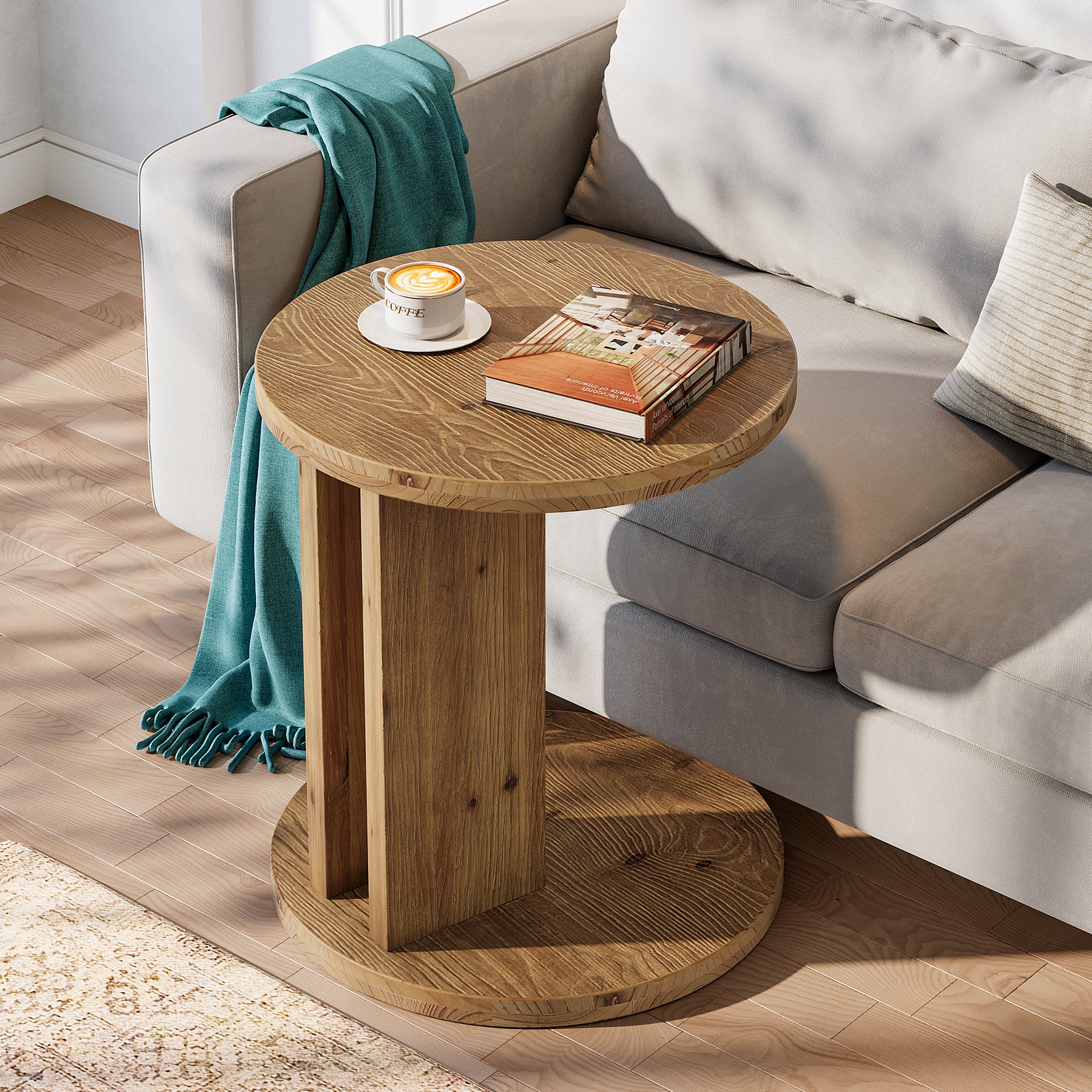 Solid Wood End Table, C-Shaped Round Side Table for for Living Room - Image 3