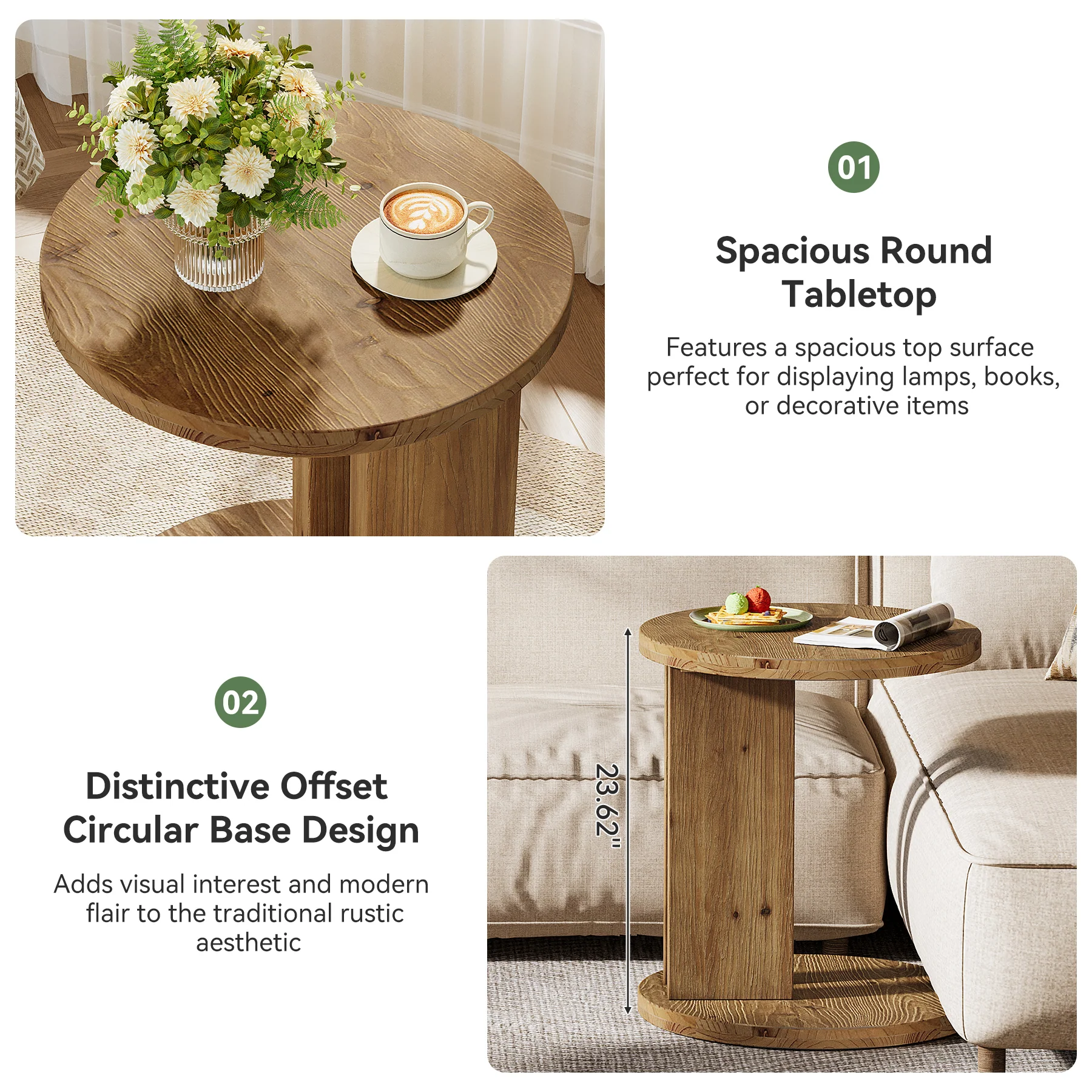 Solid Wood End Table, C-Shaped Round Side Table for for Living Room - Image 6