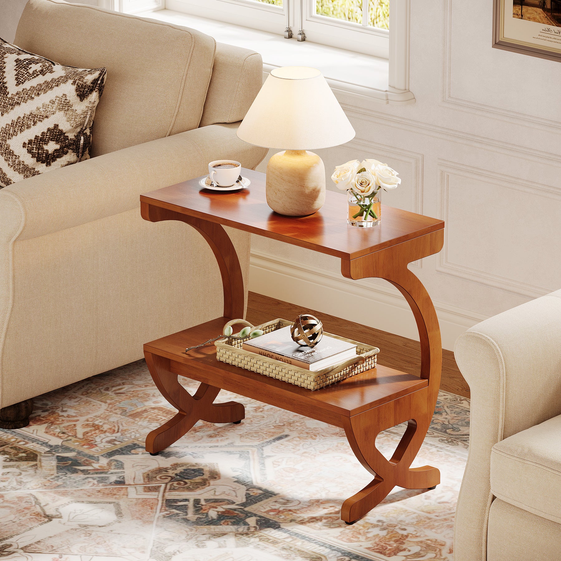 Solid Wood End Table, Narrow 2-Tier Side Table with Storage Shelf - Image 3