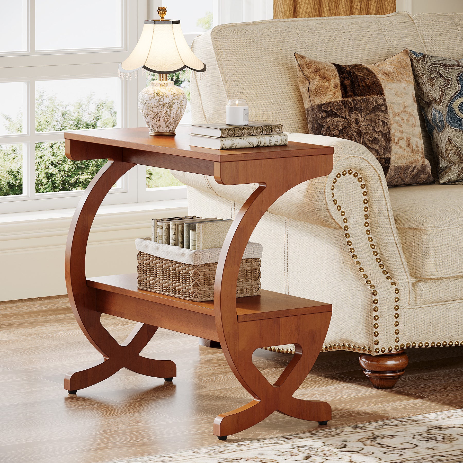 Solid Wood End Table, Narrow 2-Tier Side Table with Storage Shelf - Image 4