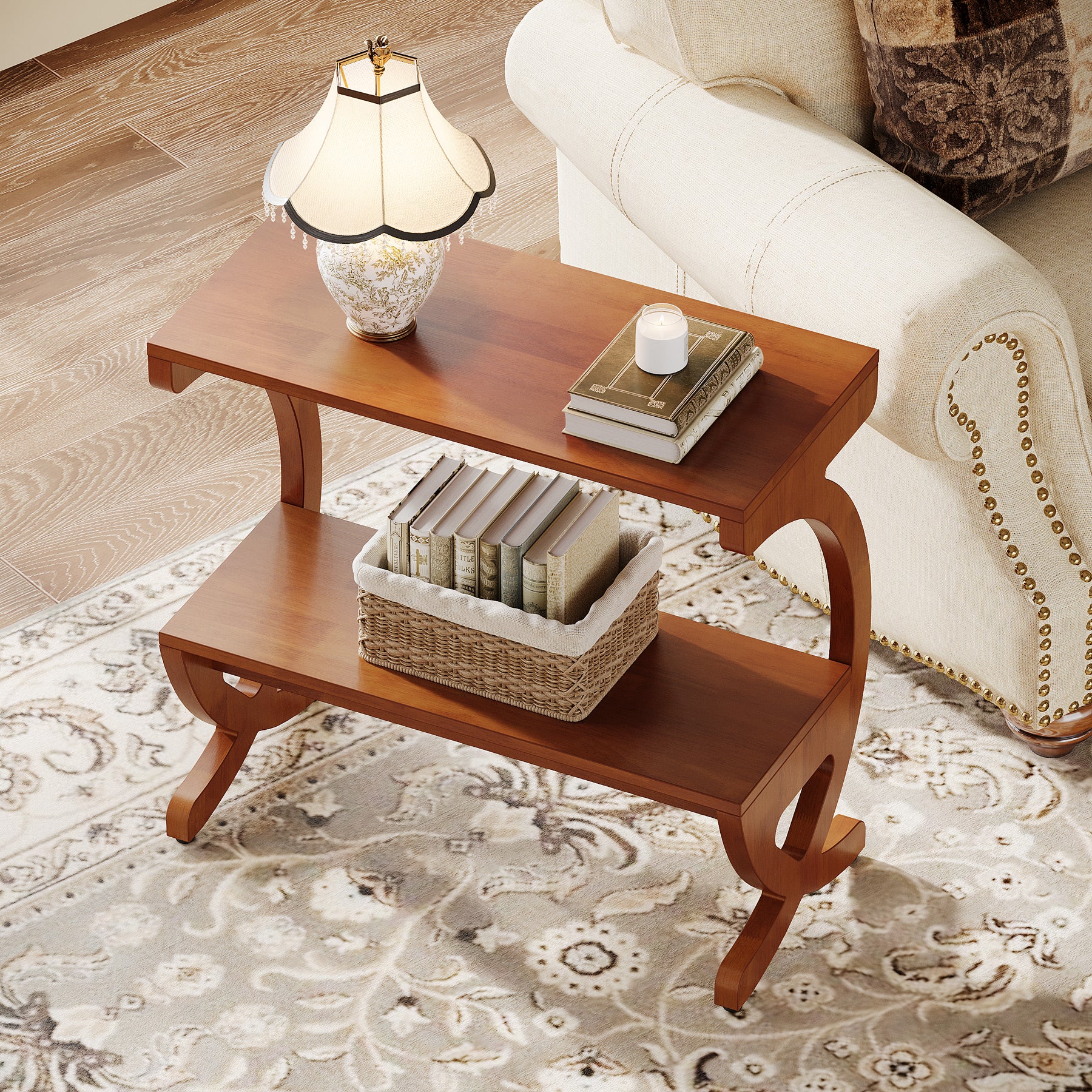 Solid Wood End Table, Narrow 2-Tier Side Table with Storage Shelf - Image 5