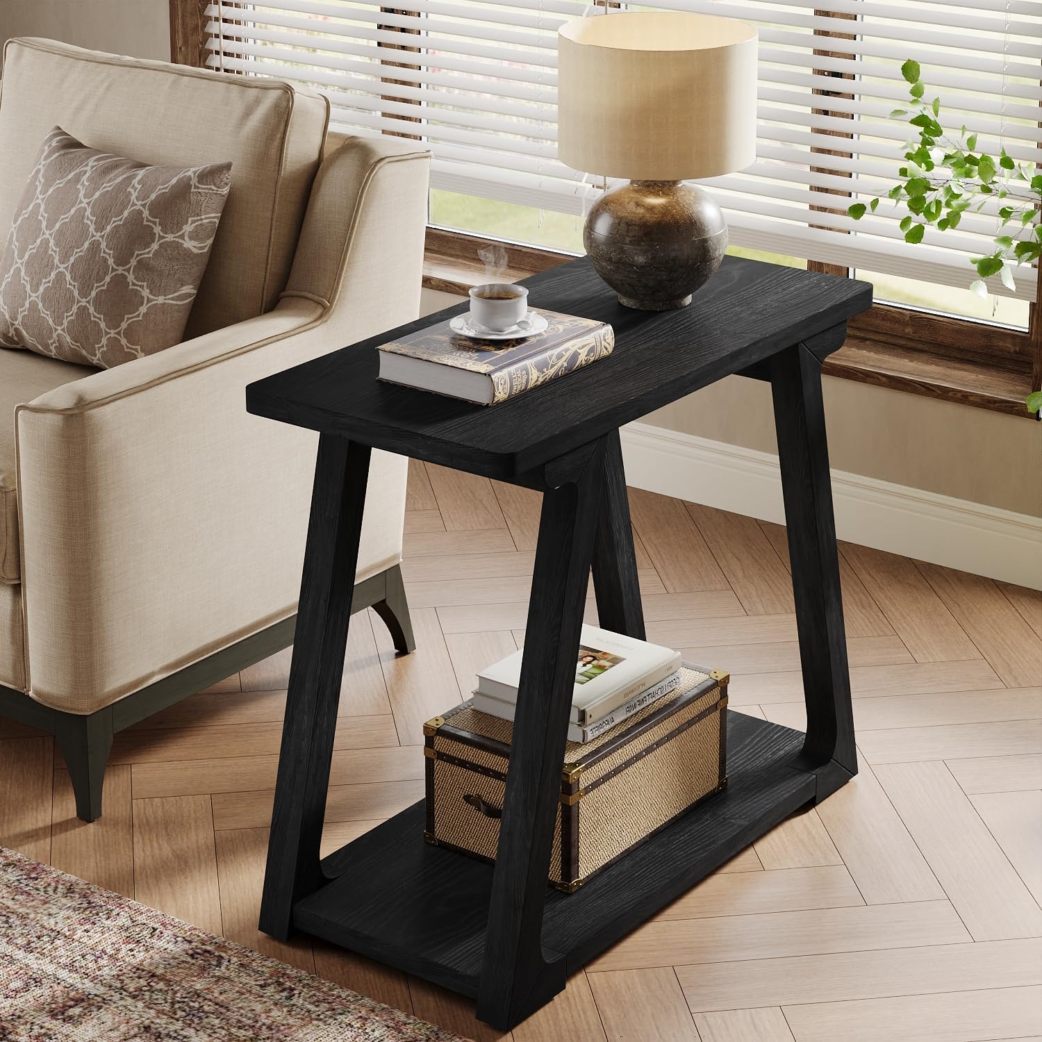Solid Wood End Table, Narrow Side Table Nightstand with 2-Tier Storage - Image 11