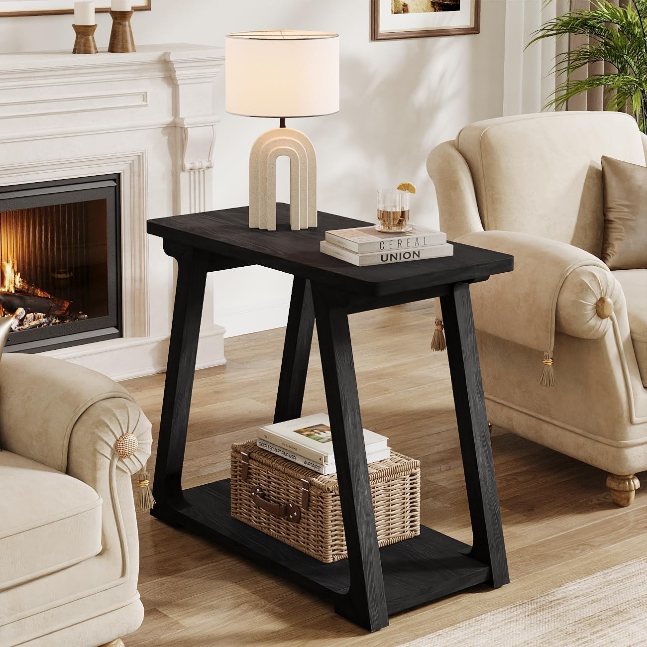 Solid Wood End Table, Narrow Side Table Nightstand with 2-Tier Storage - Image 12