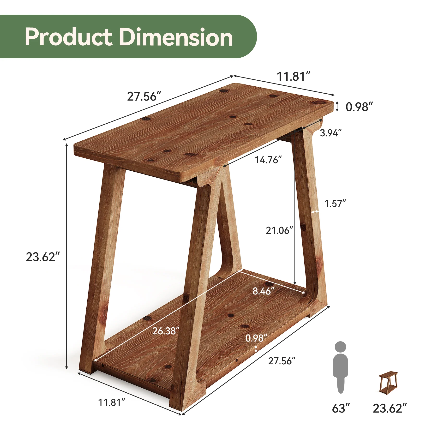 Solid Wood End Table, Narrow Side Table Nightstand with 2-Tier Storage - Image 2