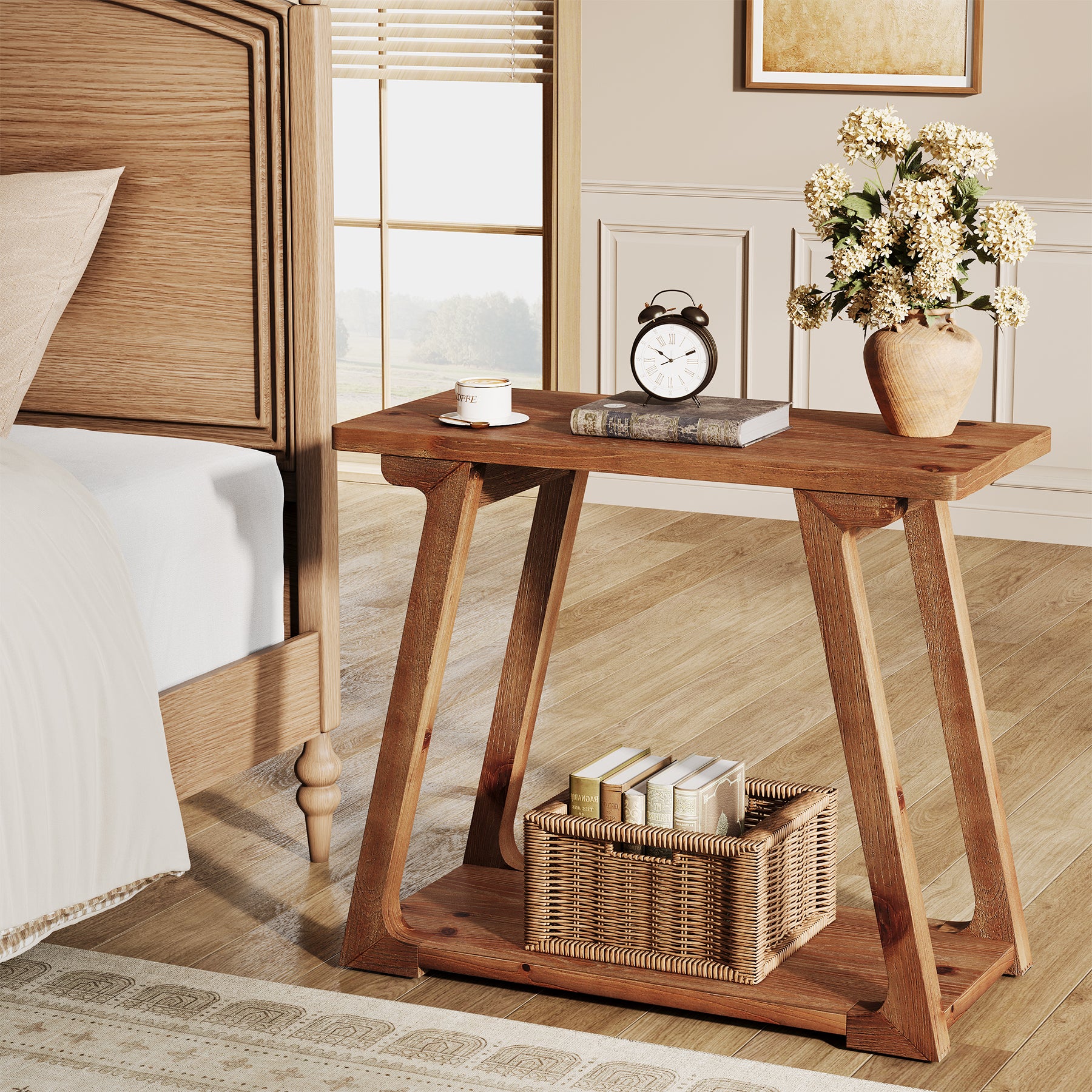 Solid Wood End Table, Narrow Side Table Nightstand with 2-Tier Storage - Image 3