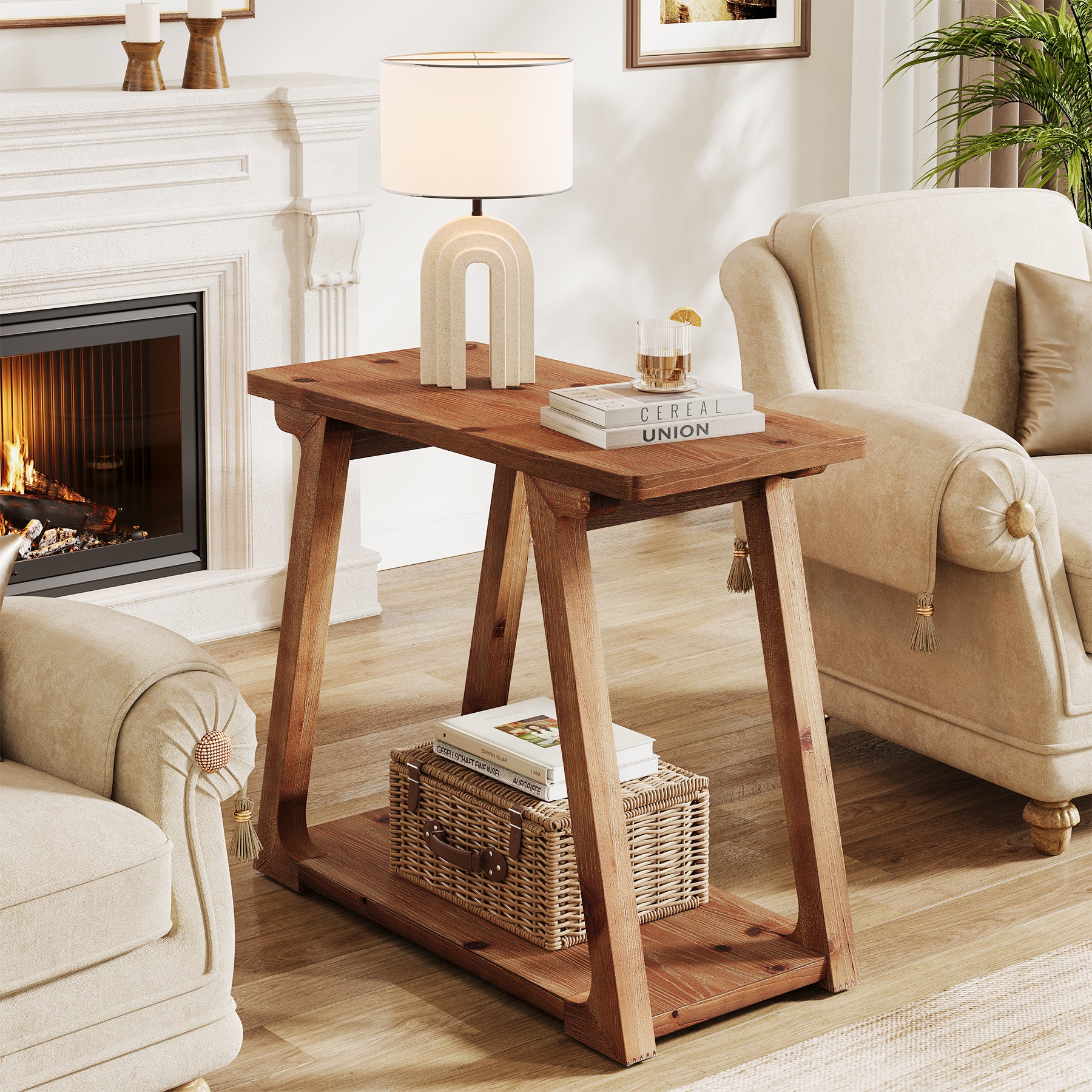 Solid Wood End Table, Narrow Side Table Nightstand with 2-Tier Storage - Image 4