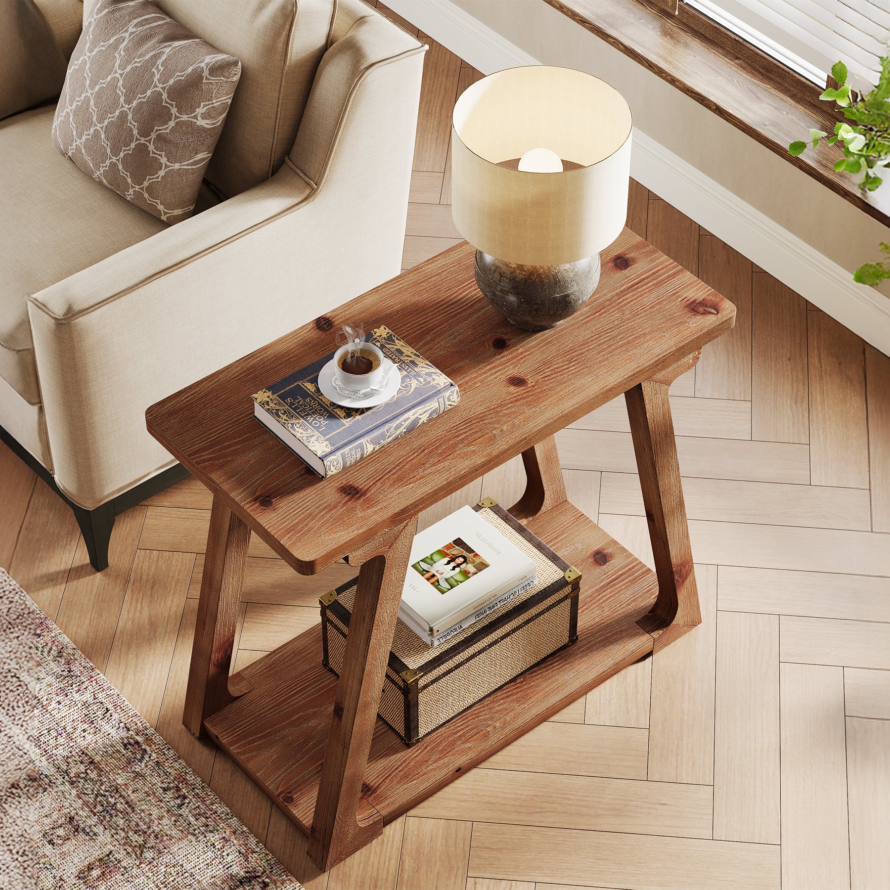 Solid Wood End Table, Narrow Side Table Nightstand with 2-Tier Storage - Image 5