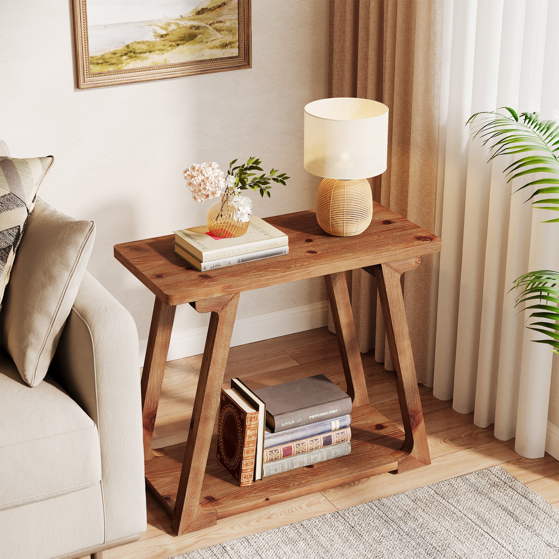 Solid Wood End Table, Narrow Side Table Nightstand with 2-Tier Storage - Image 6