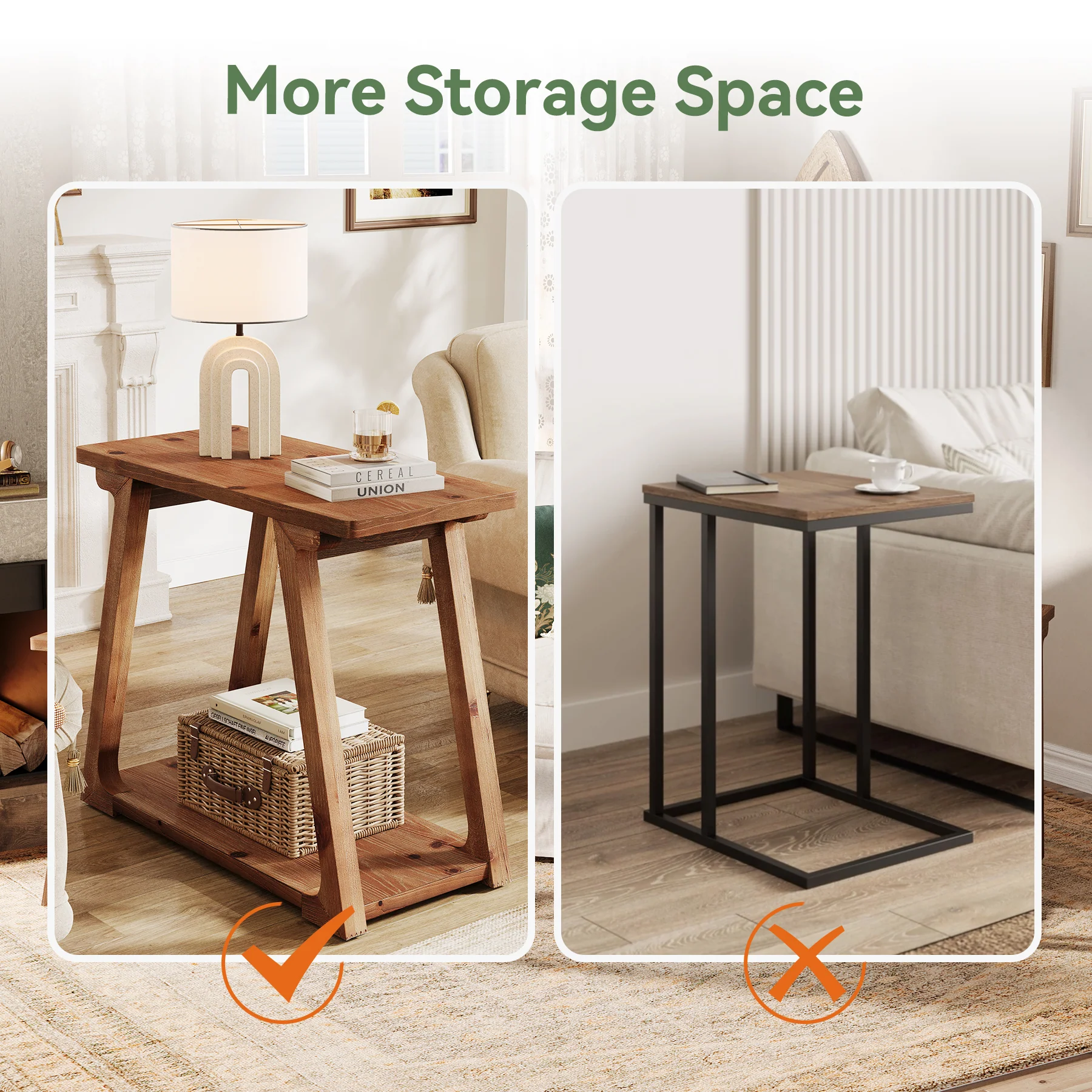 Solid Wood End Table, Narrow Side Table Nightstand with 2-Tier Storage - Image 8
