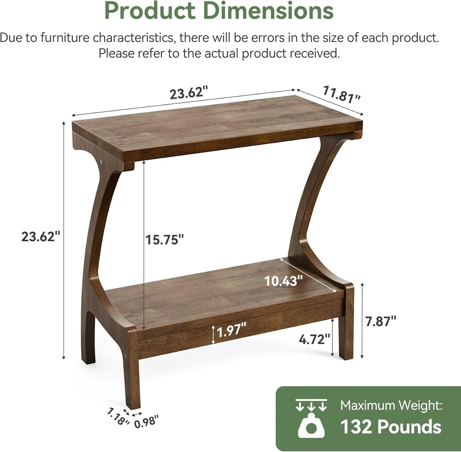 Solid Wood End Table, Narrow Side Table with 2-Tier Storage Shelf - Image 2
