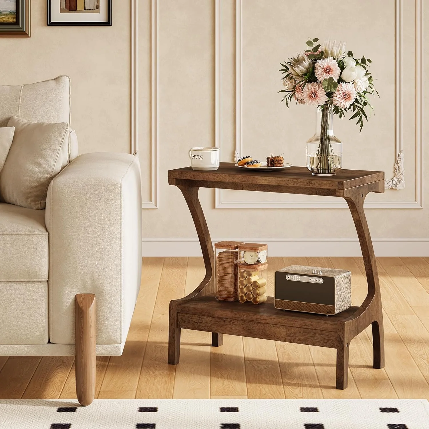 Solid Wood End Table, Narrow Side Table with 2-Tier Storage Shelf - Image 3