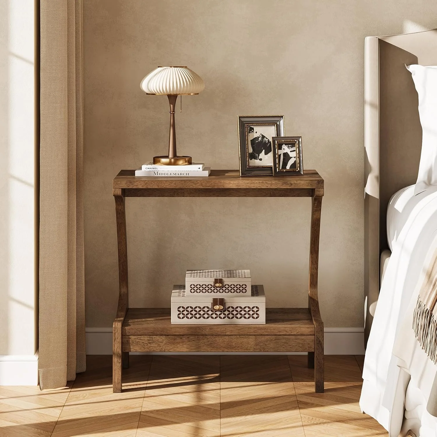 Solid Wood End Table, Narrow Side Table with 2-Tier Storage Shelf - Image 4
