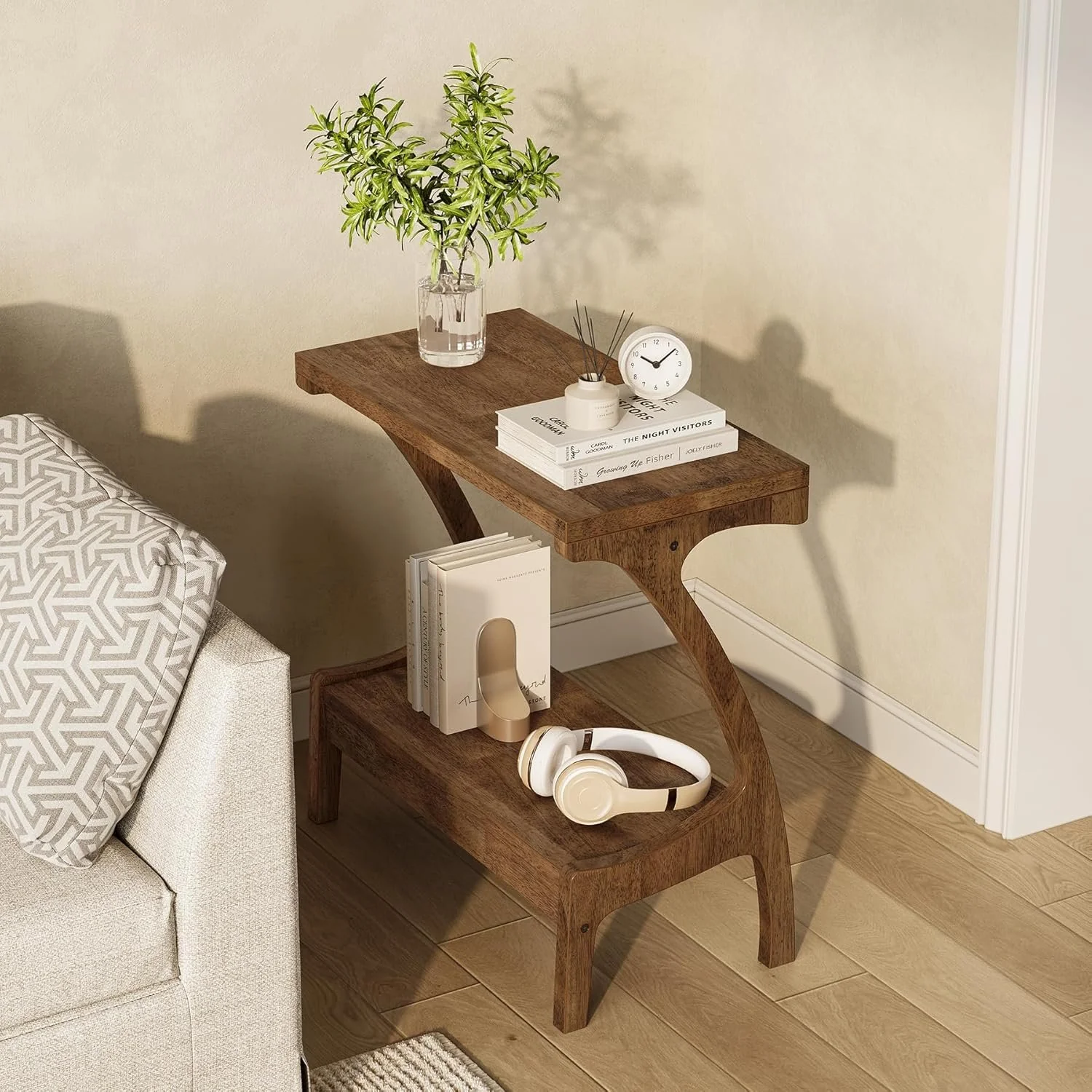 Solid Wood End Table, Narrow Side Table with 2-Tier Storage Shelf - Image 5