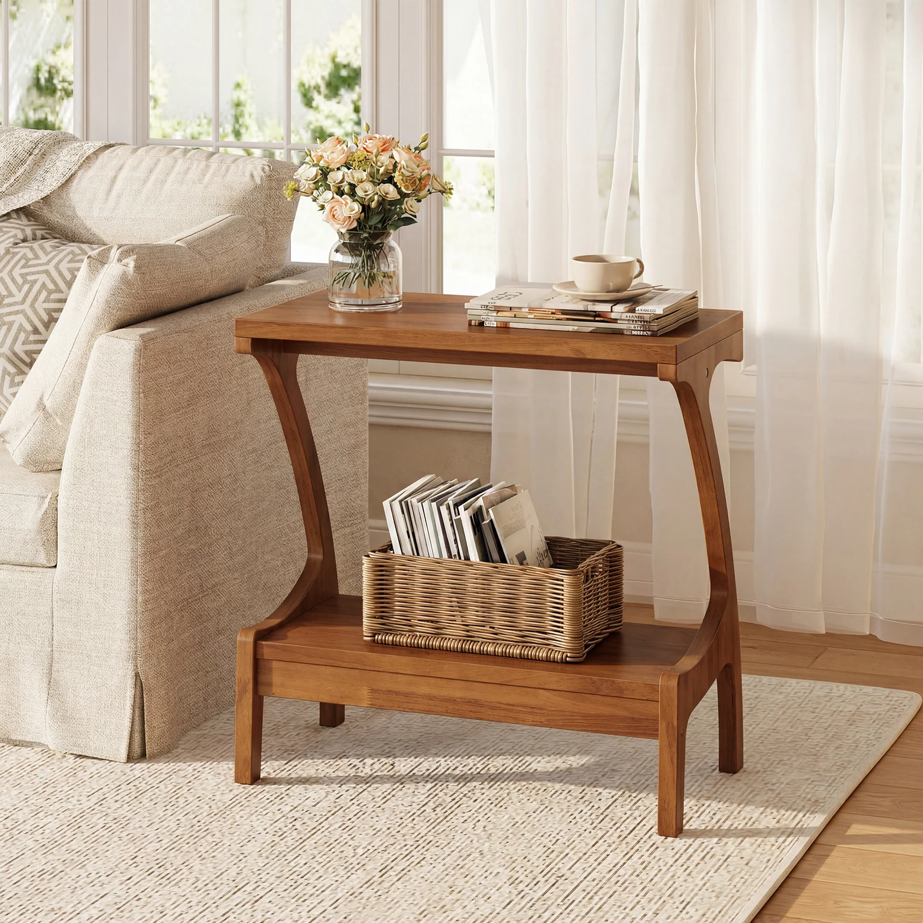 Solid Wood End Table, Narrow Side Table with 2-Tier Storage Shelf - Image 9