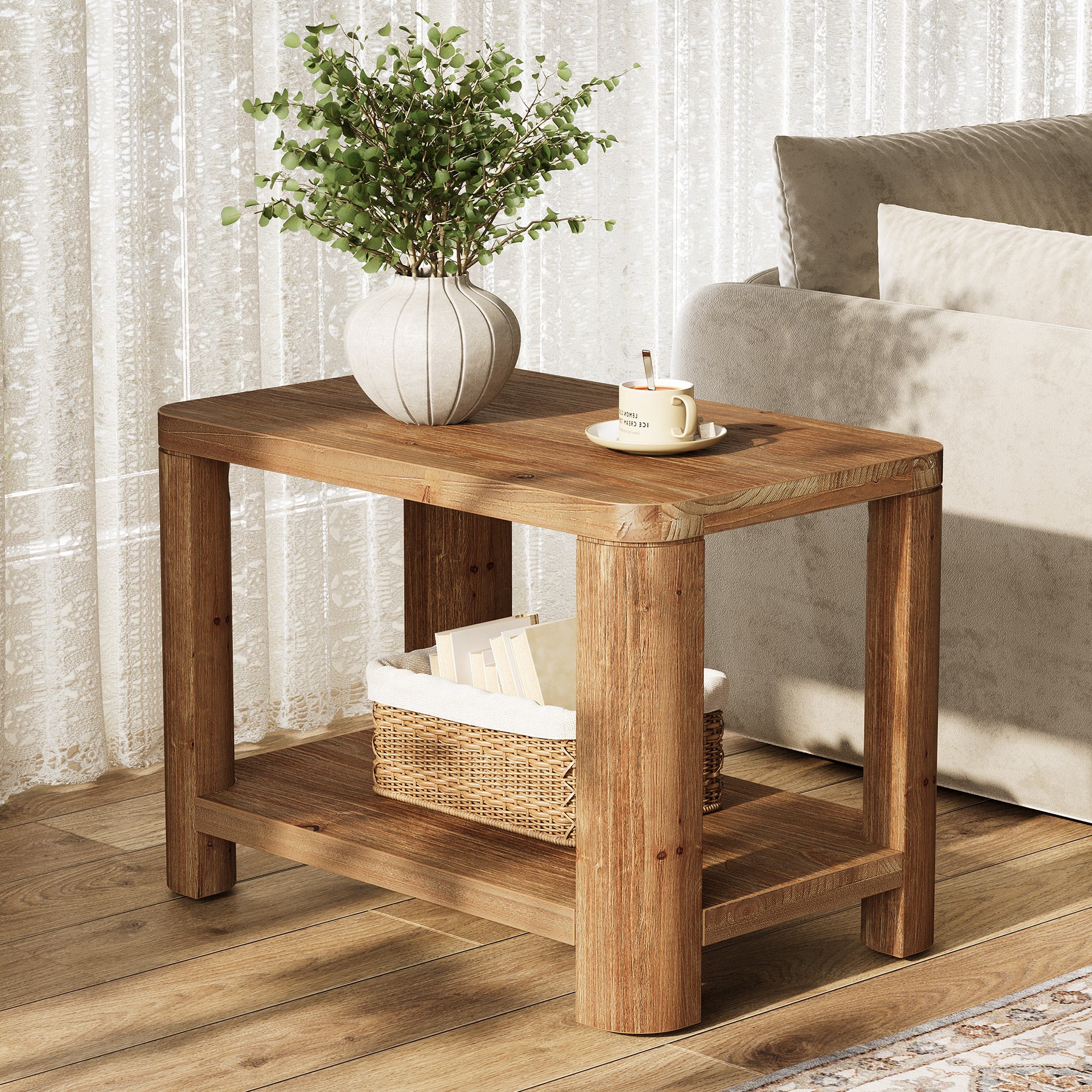 Solid Wood End Table, Rectangle Side Table Nightstand with 2-Tier Shelf - Image 3
