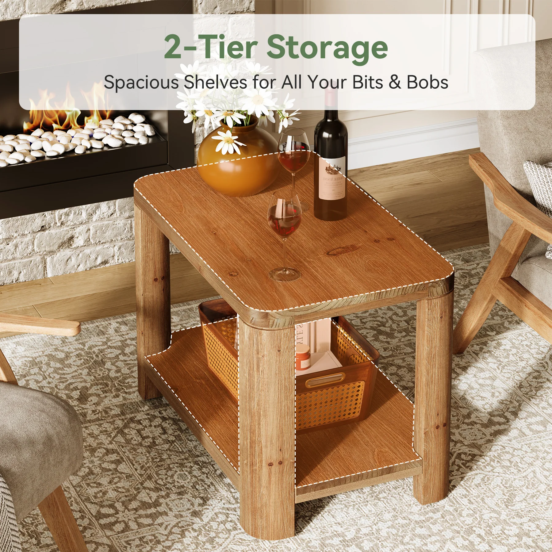 Solid Wood End Table, Rectangle Side Table Nightstand with 2-Tier Shelf - Image 6
