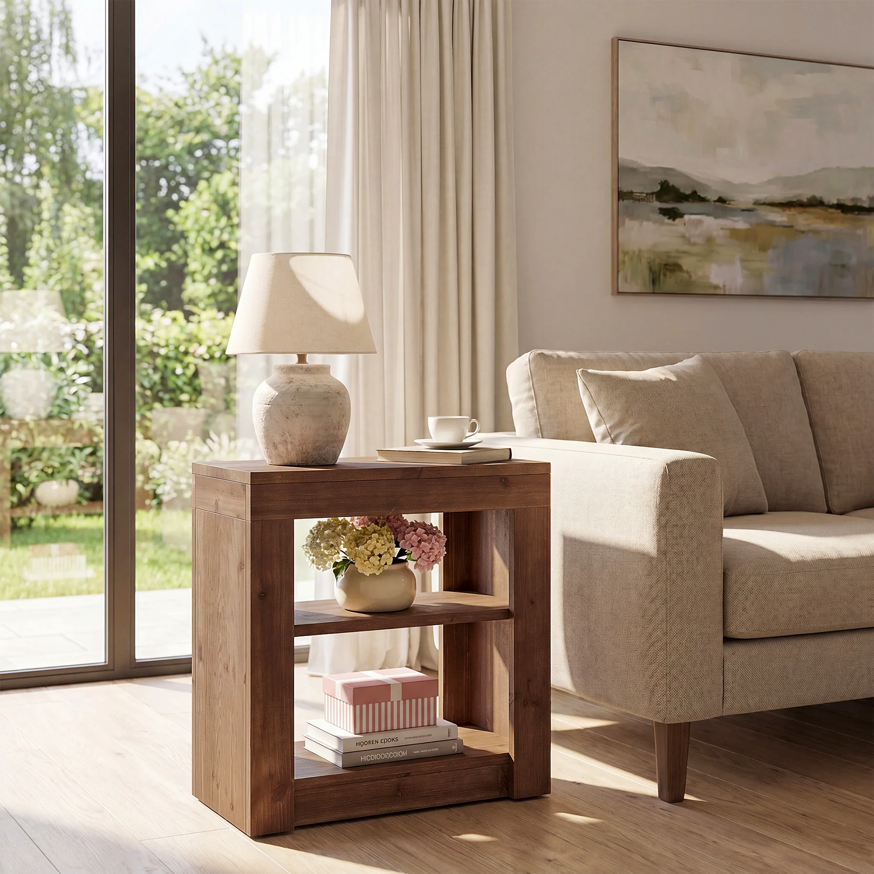 Solid Wood Rectangle End Table, Slim Side Table with Storage Shelf for Living Room - Image 3