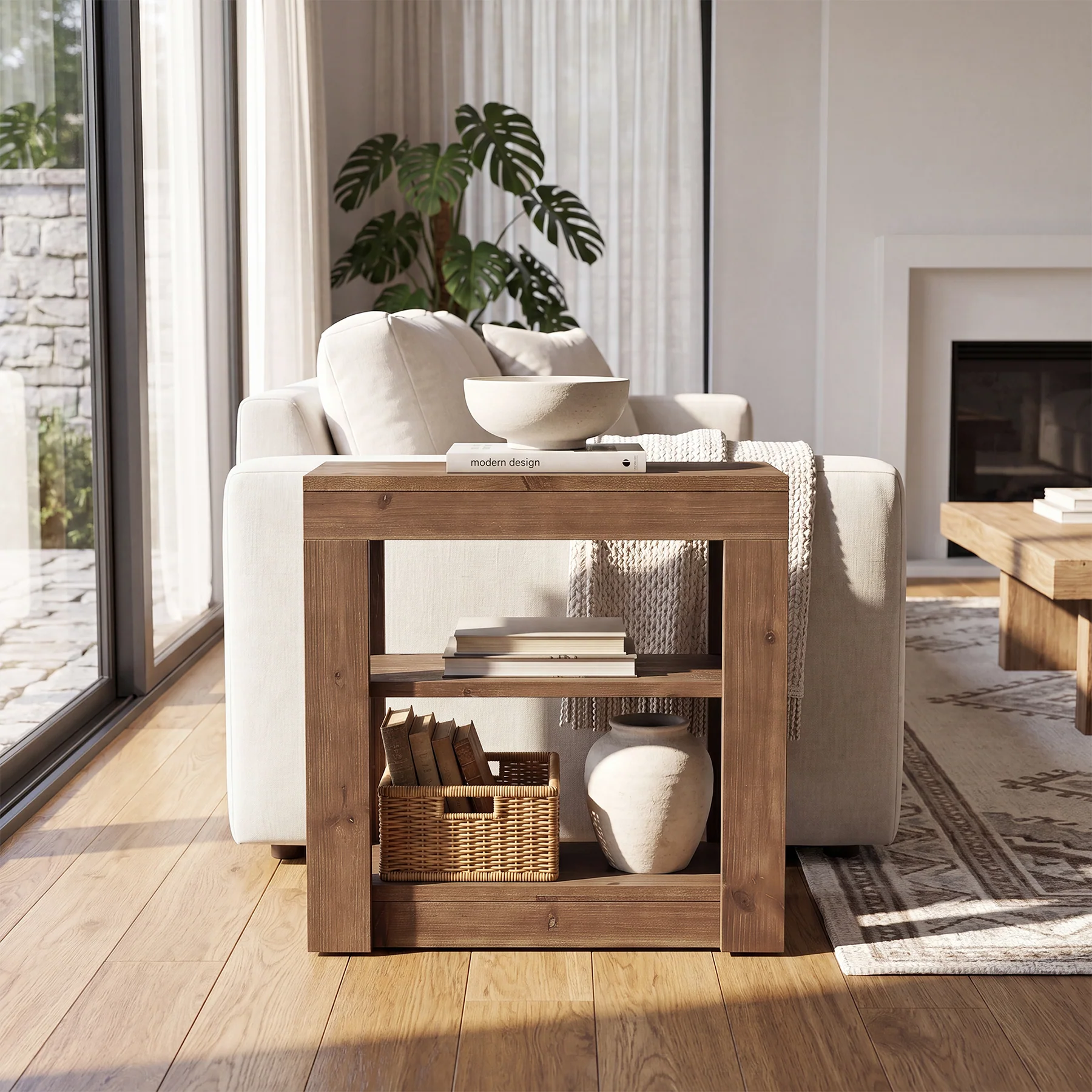 Solid Wood Rectangle End Table, Slim Side Table with Storage Shelf for Living Room - Image 4