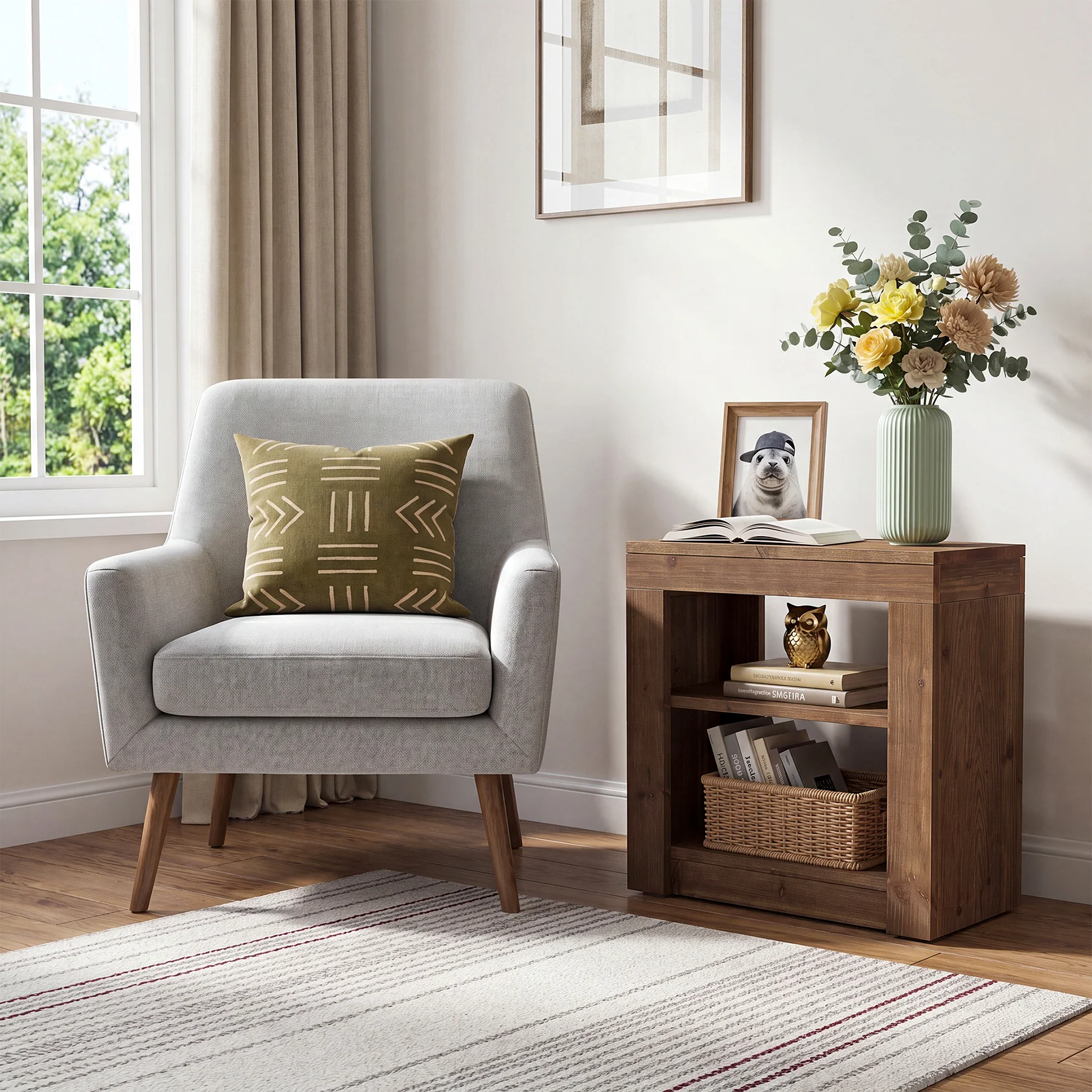Solid Wood Rectangle End Table, Slim Side Table with Storage Shelf for Living Room - Image 5