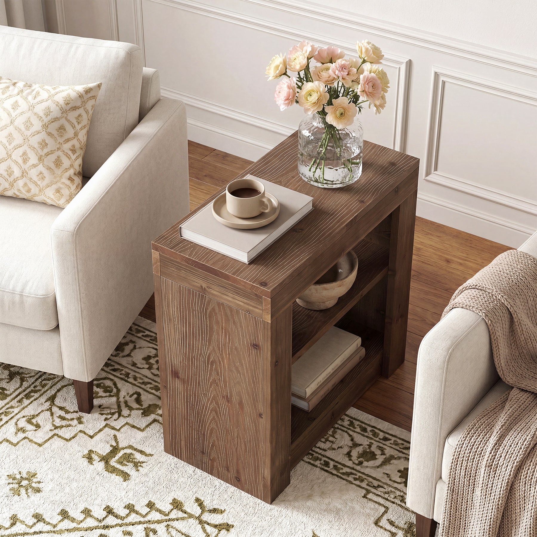 Solid Wood Rectangle End Table, Slim Side Table with Storage Shelf for Living Room - Image 6