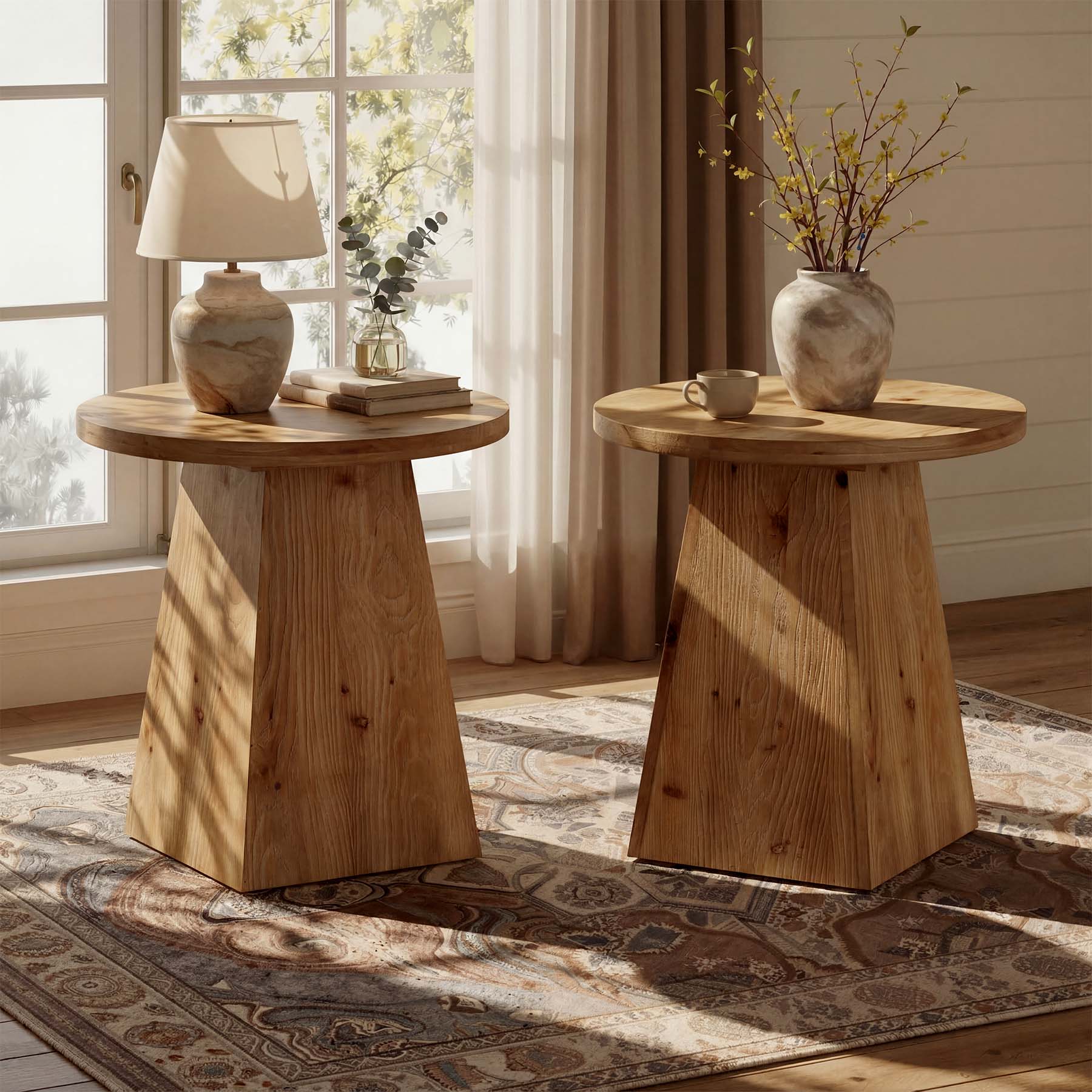 18.9 Inch Solid Wood End Table with Trapezoid Base, Round Side Table for Living Room Small Spaces - Image 4