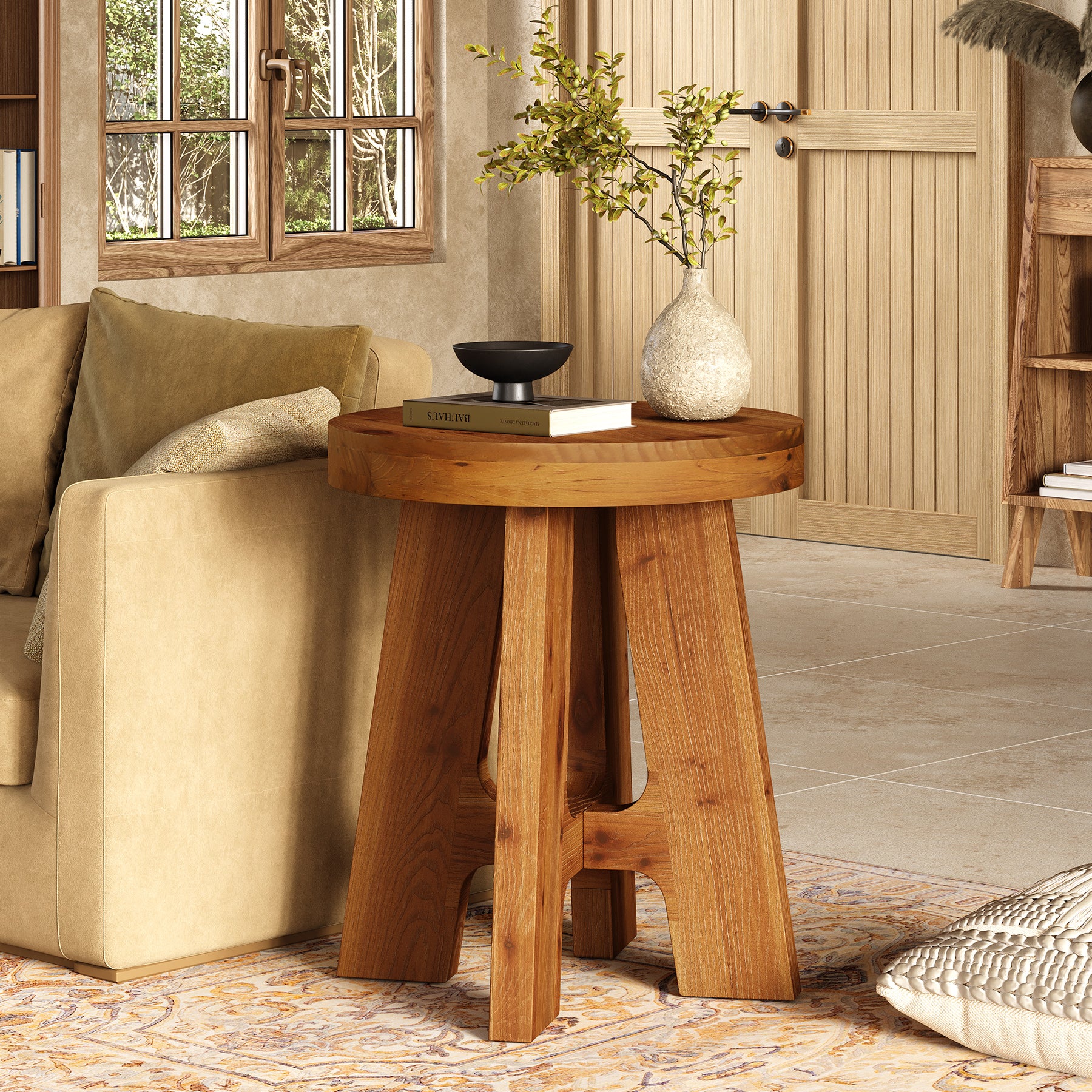 Solid Wood End Table, Round Side Table with Heavy-Duty Legs for Couch - Image 3