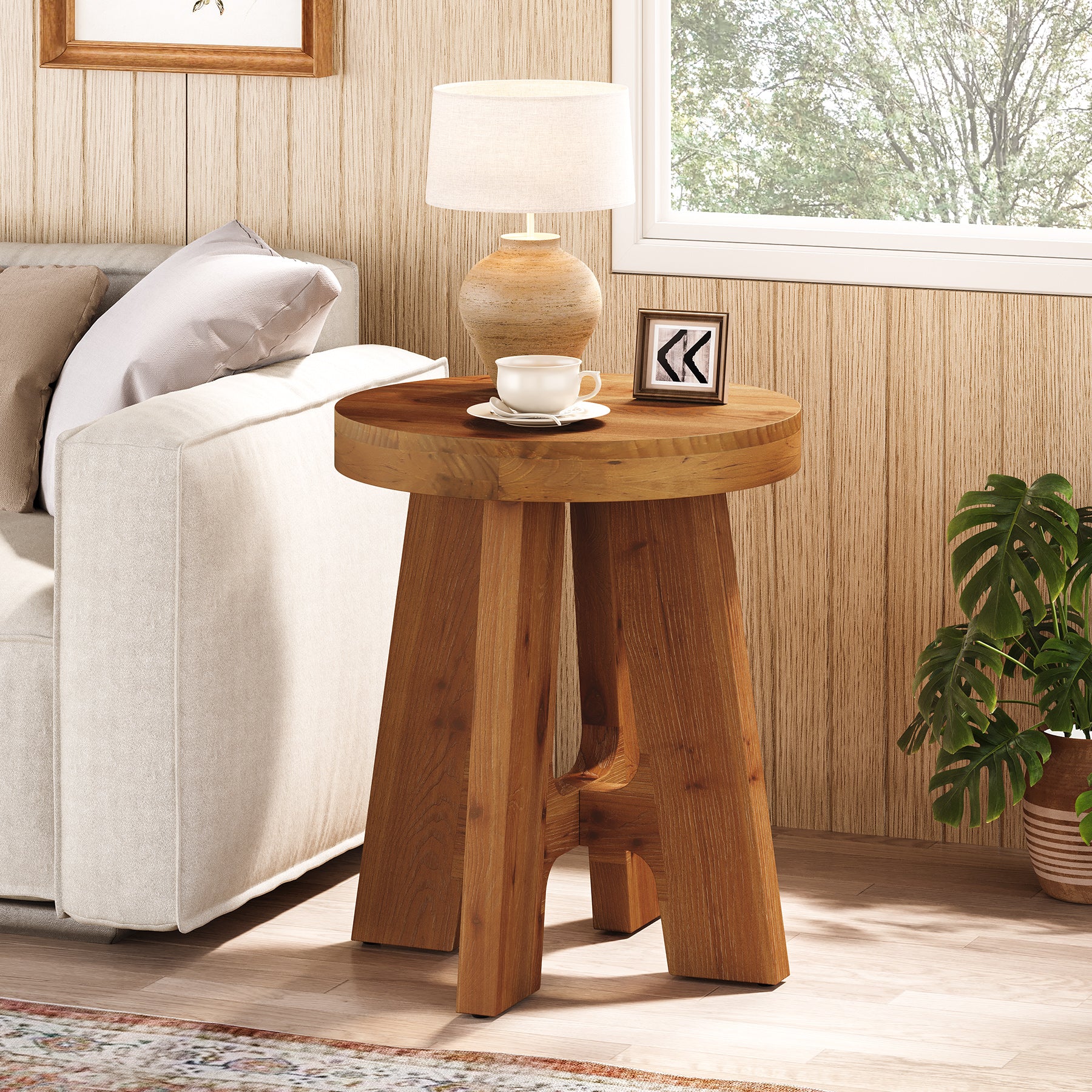 Solid Wood End Table, Round Side Table with Heavy-Duty Legs for Couch - Image 4