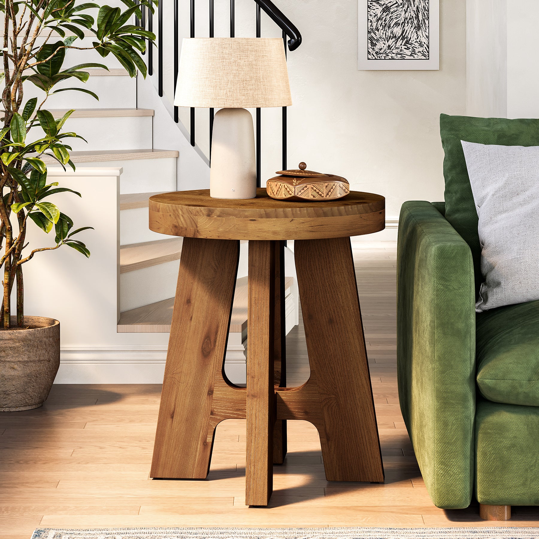Solid Wood End Table, Round Side Table with Heavy-Duty Legs for Couch - Image 7