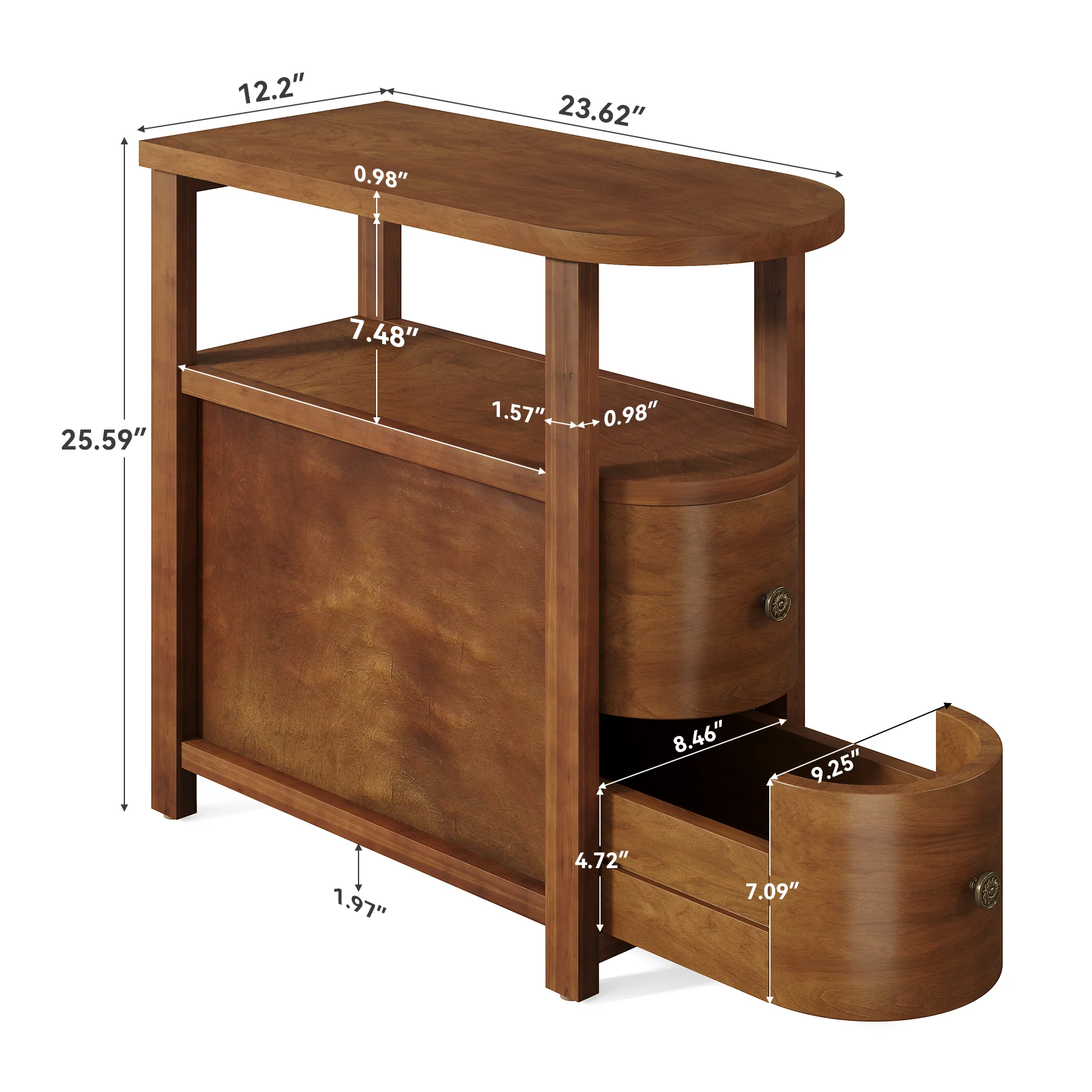 Solid Wood End Table, Slim Side Table with 2 Drawers & Open Shelf - Image 2