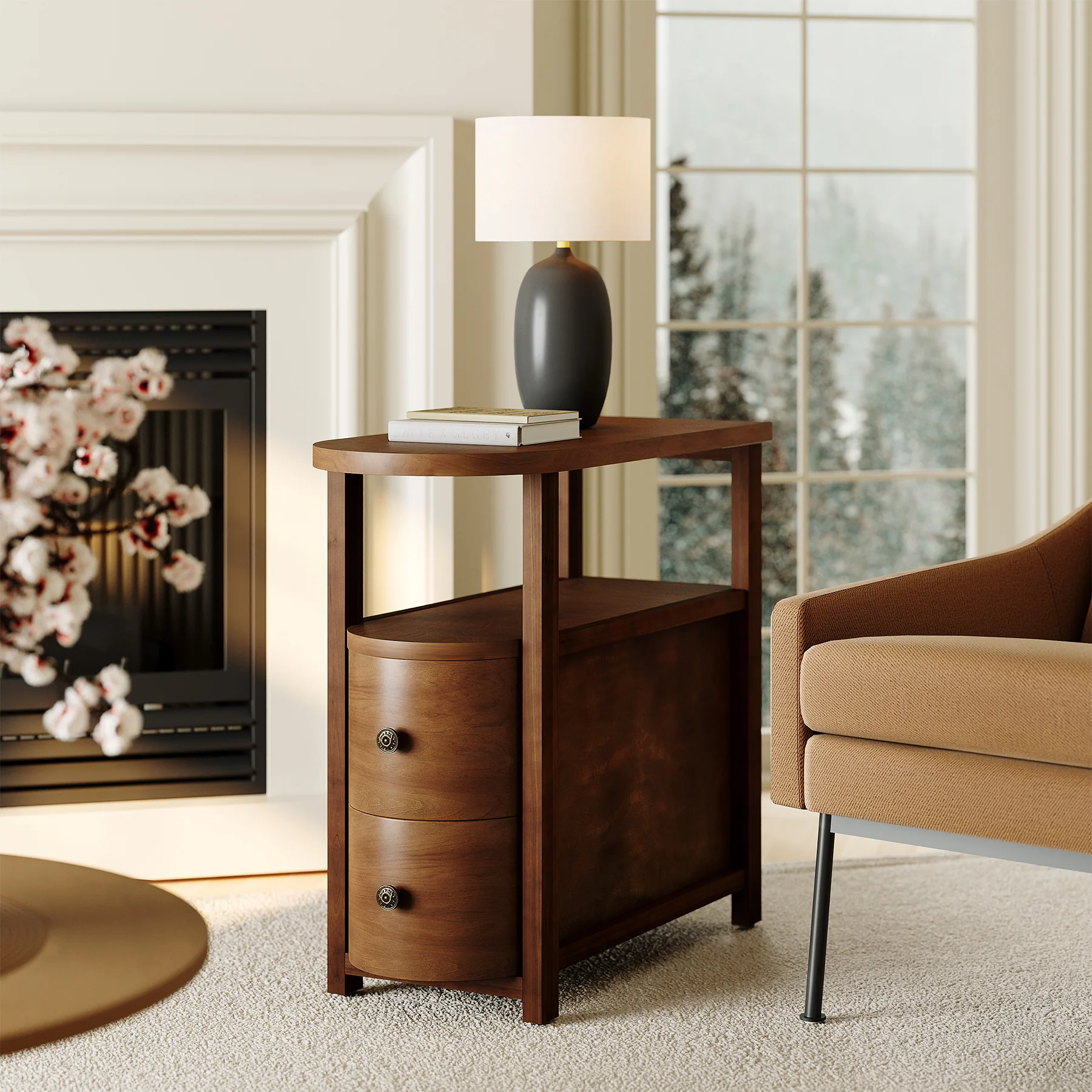 Solid Wood End Table, Slim Side Table with 2 Drawers & Open Shelf - Image 3