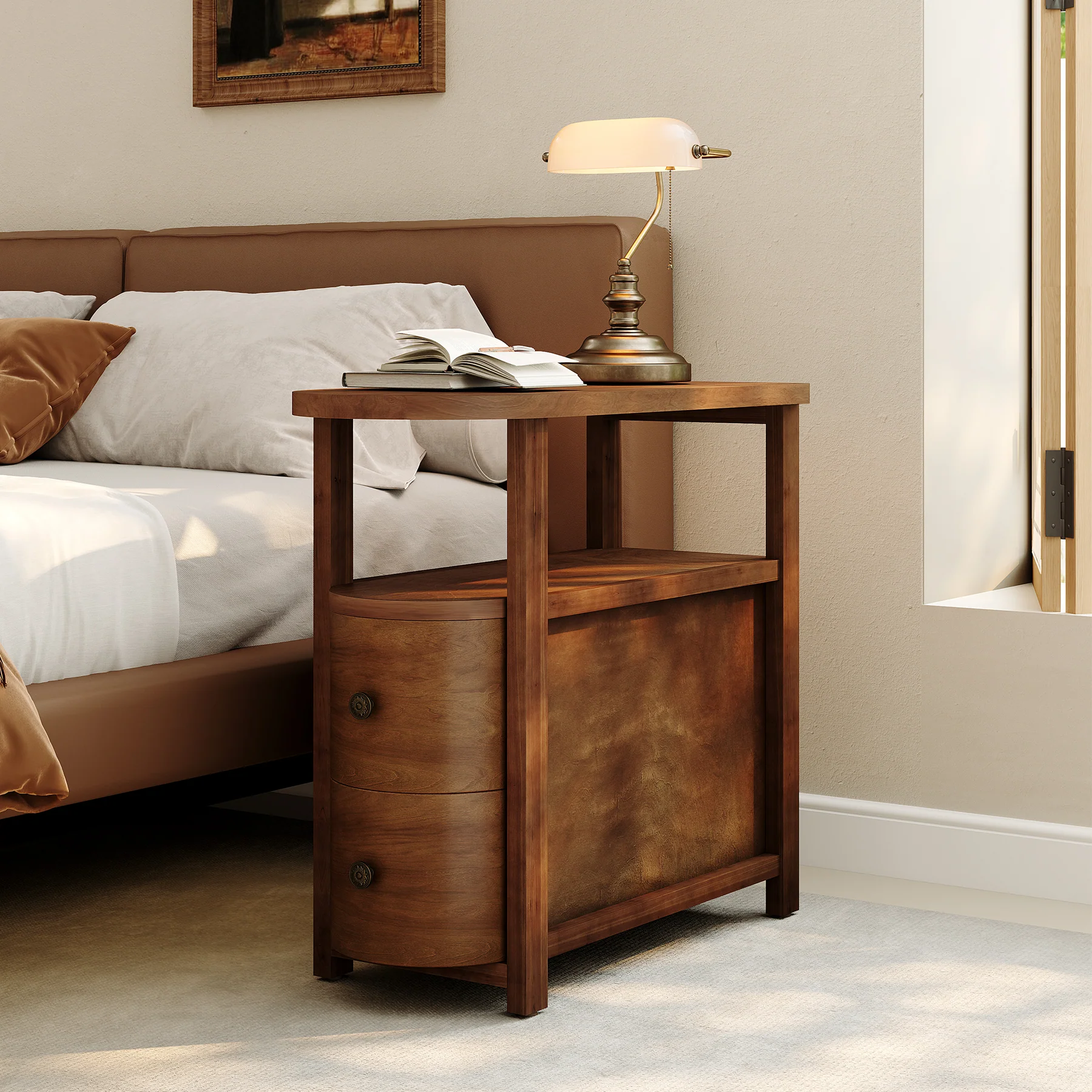 Solid Wood End Table, Slim Side Table with 2 Drawers & Open Shelf - Image 4