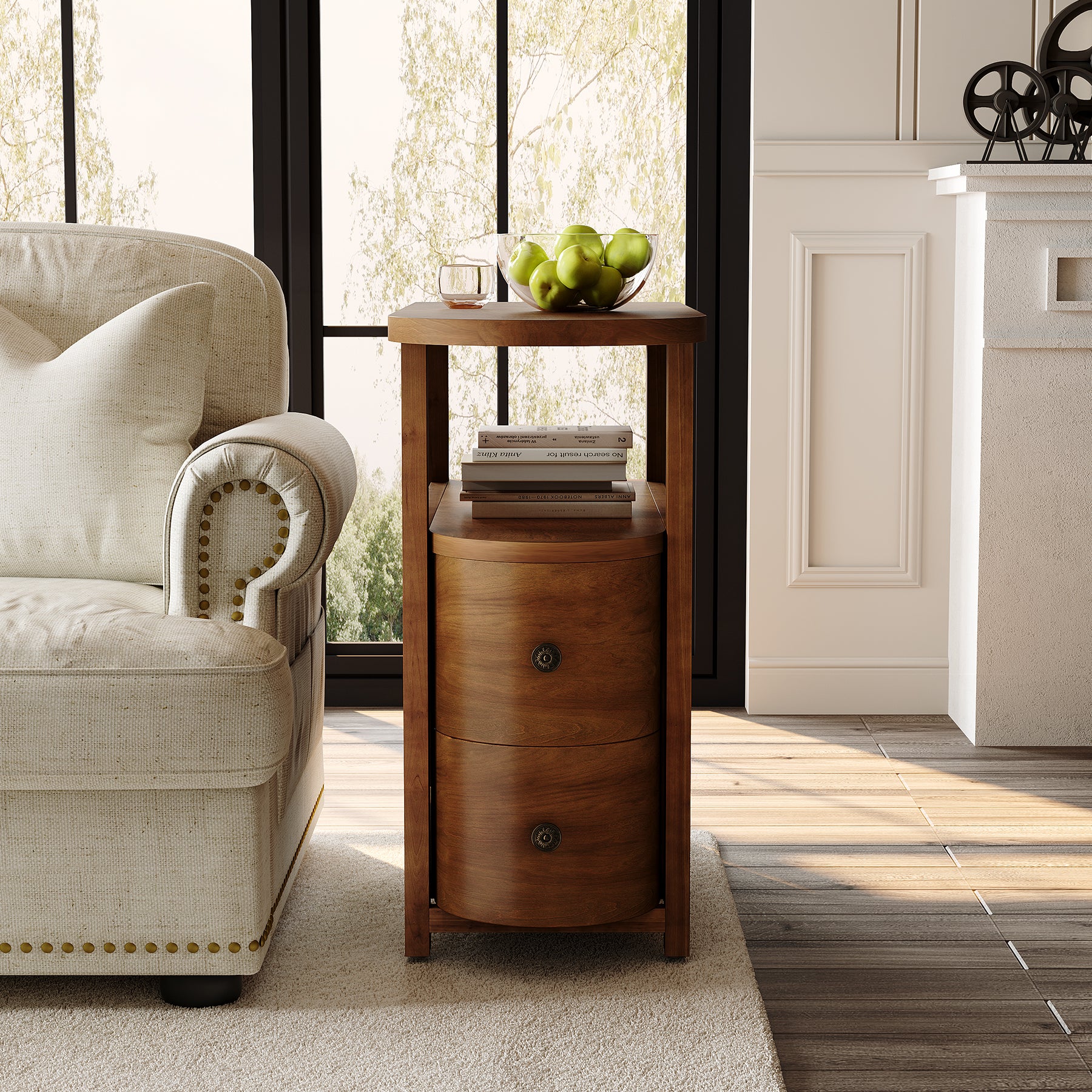 Solid Wood End Table, Slim Side Table with 2 Drawers & Open Shelf - Image 5