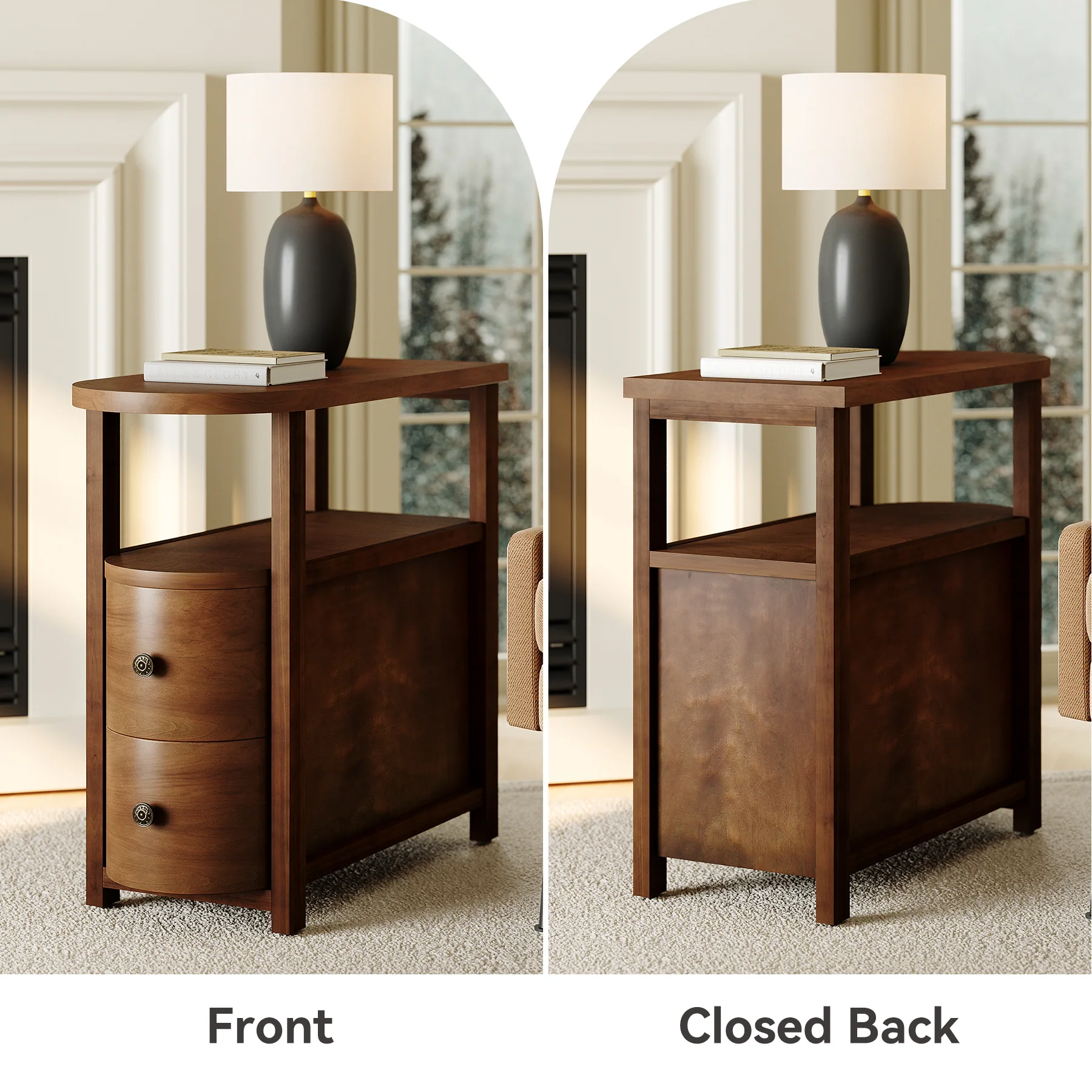 Solid Wood End Table, Slim Side Table with 2 Drawers & Open Shelf - Image 6