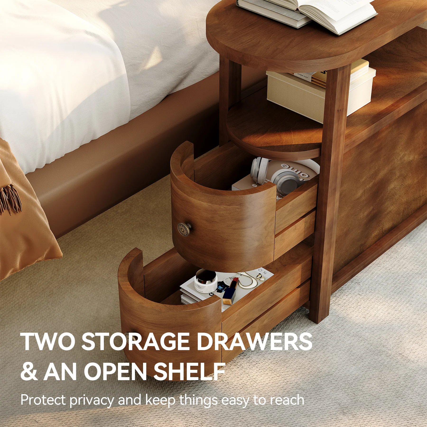Solid Wood End Table, Slim Side Table with 2 Drawers & Open Shelf - Image 7