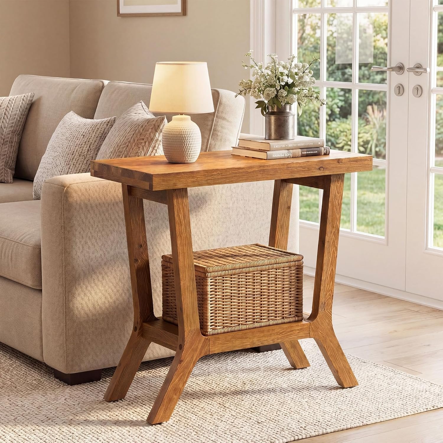 23.62" Solid Wood End Table, Small 2-tier Side Table with Storage for Living Room - Image 3
