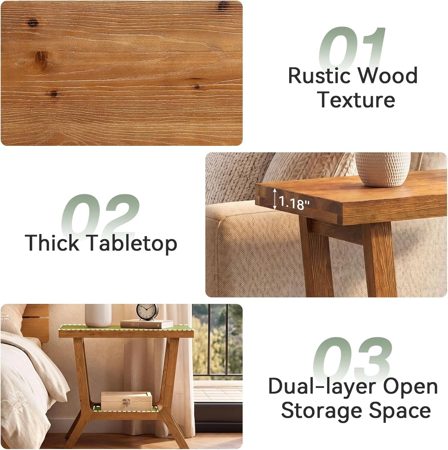 23.62" Solid Wood End Table, Small 2-tier Side Table with Storage for Living Room - Image 6