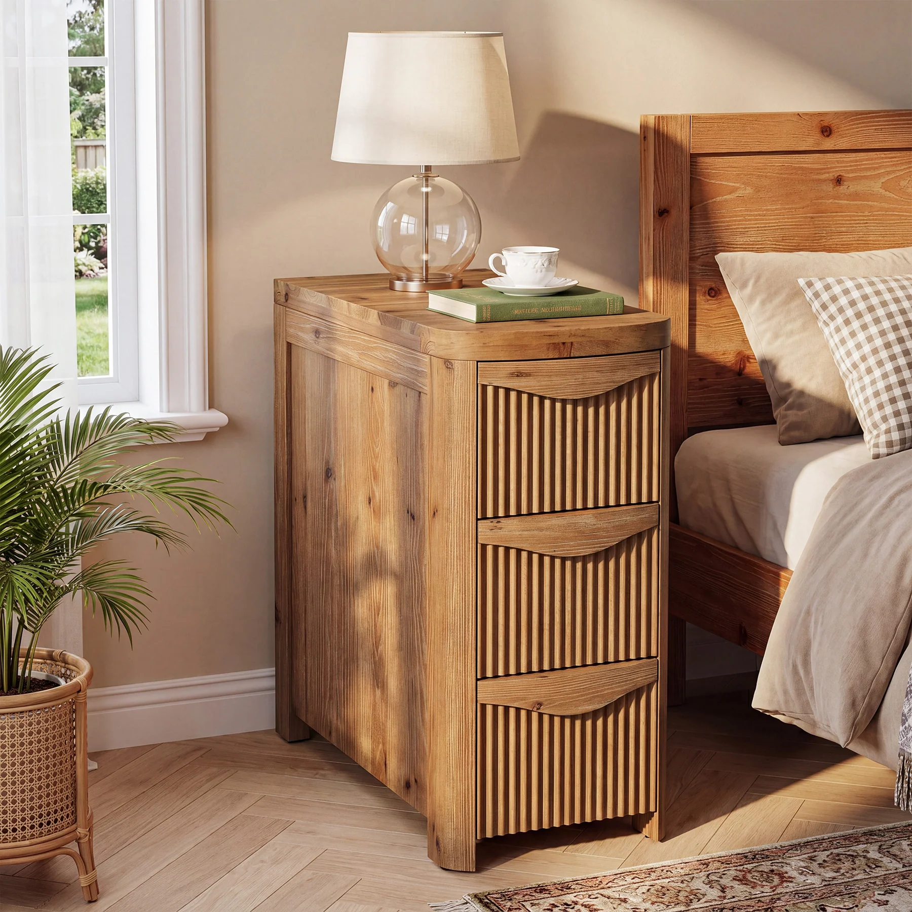 Solid Wood End Table with 3 Drawers, 24" Farmhouse Side Table for Small Spaces - Image 3