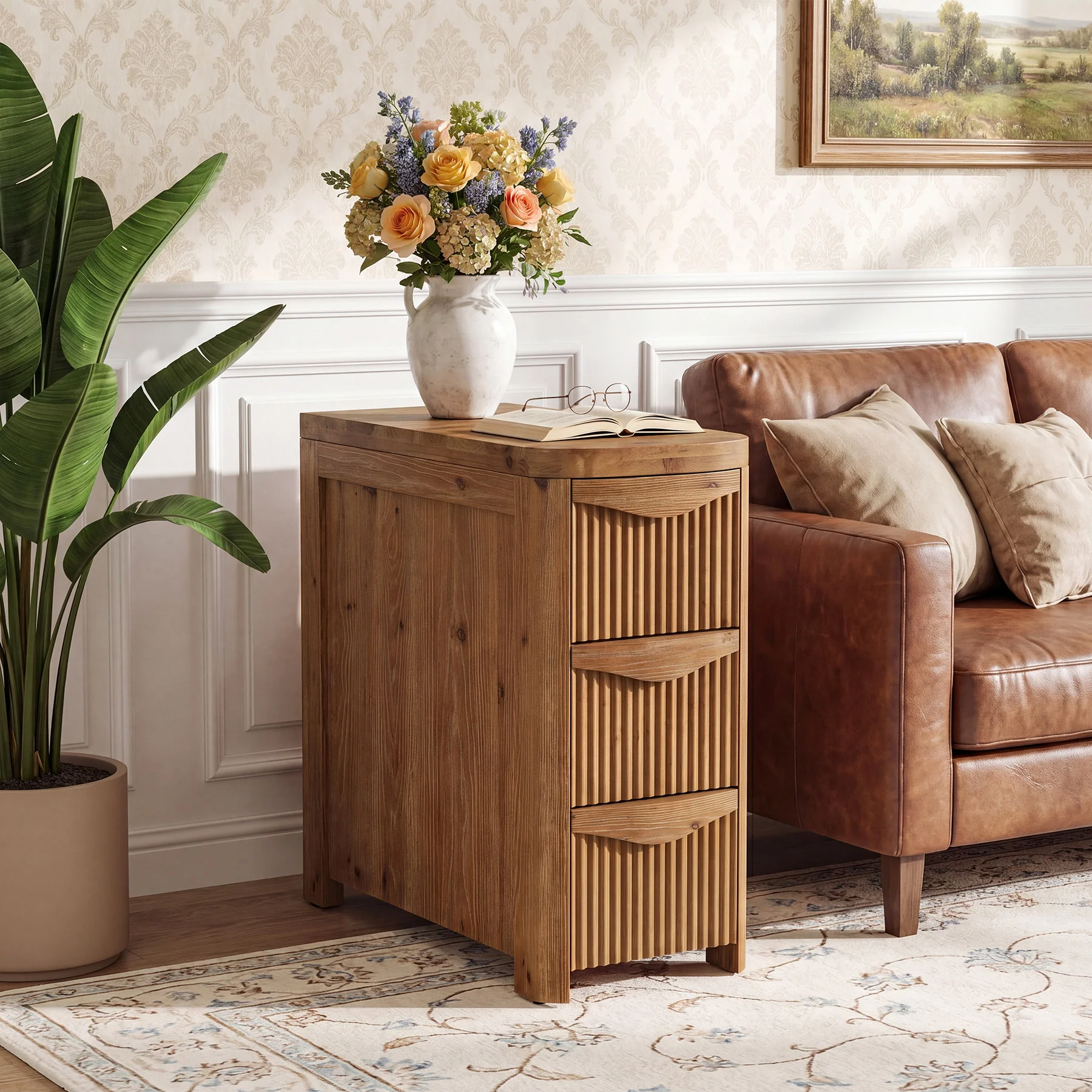 Solid Wood End Table with 3 Drawers, 24" Farmhouse Side Table for Small Spaces - Image 4