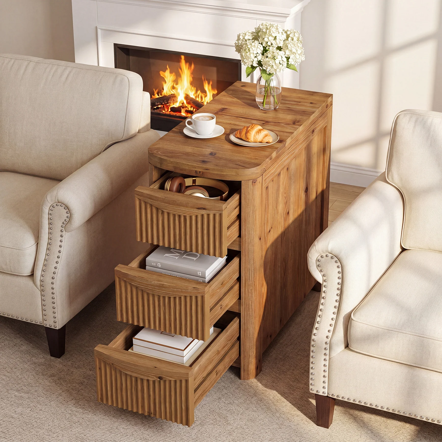 Solid Wood End Table with 3 Drawers, 24" Farmhouse Side Table for Small Spaces - Image 5
