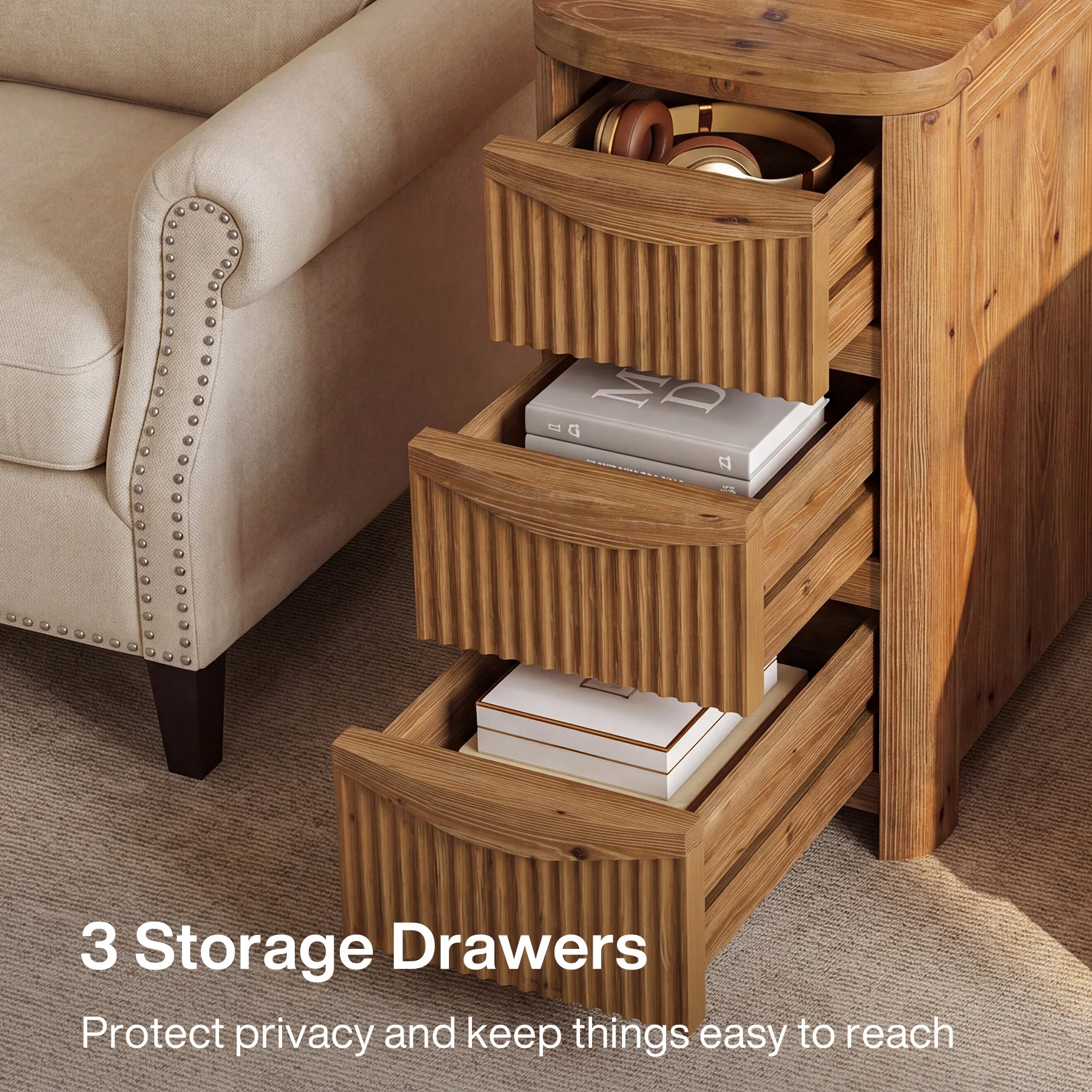 Solid Wood End Table with 3 Drawers, 24" Farmhouse Side Table for Small Spaces - Image 6