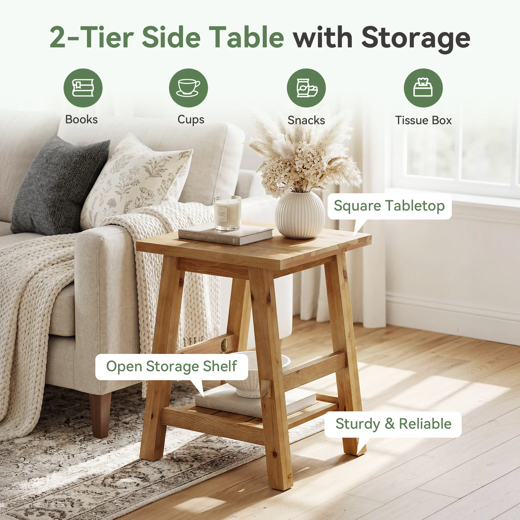 Solid Wood End Table with Storage Shelf, Farmhouse Square Side Table for Small Spaces - Image 5