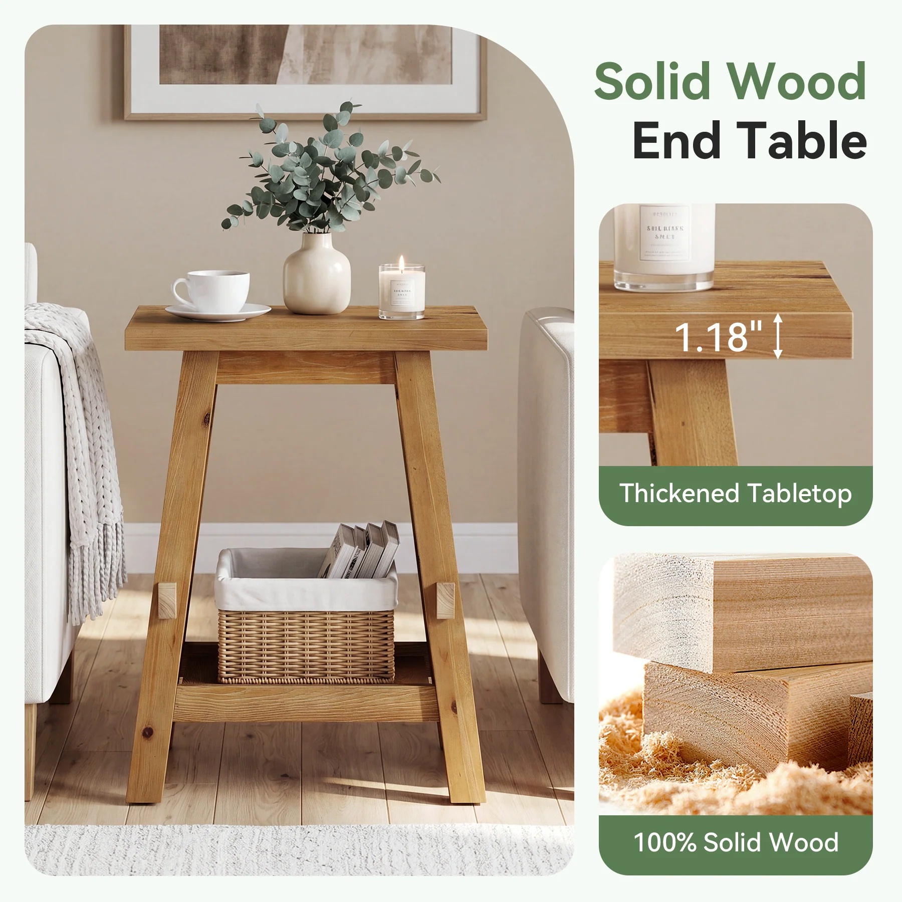 Solid Wood End Table with Storage Shelf, Farmhouse Square Side Table for Small Spaces - Image 6