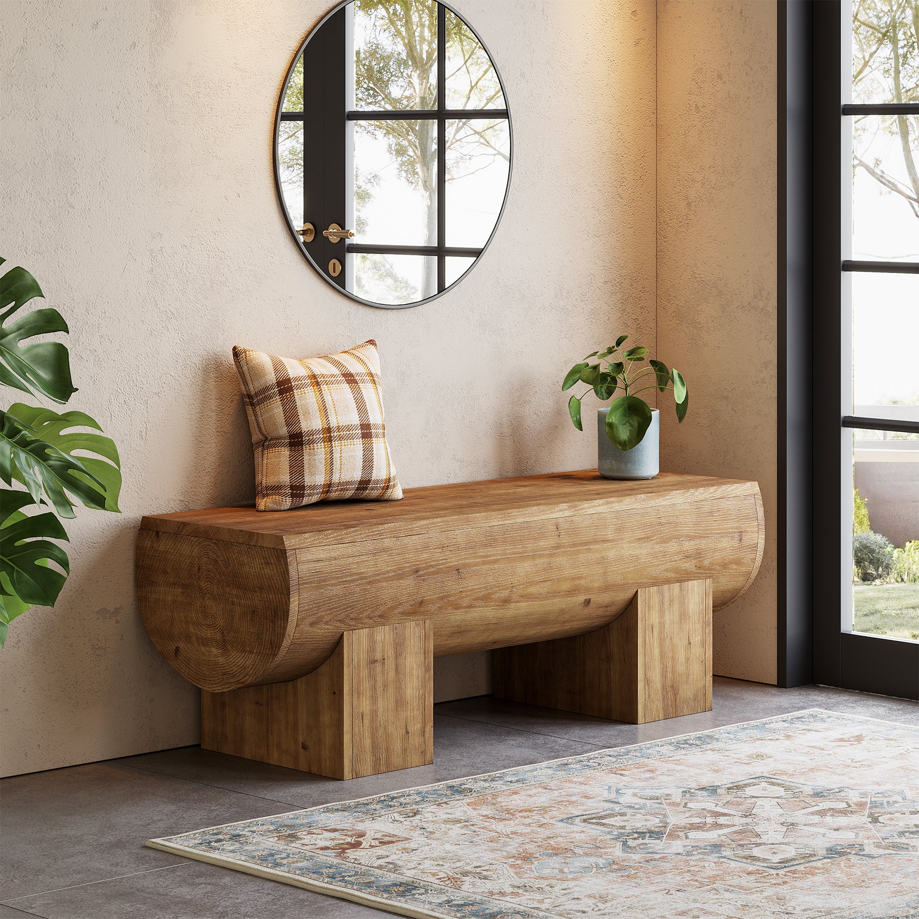 Solid Wood Entryway Bench, 47" Shoe Bench Farmhouse End of Bed Bench - Image 5