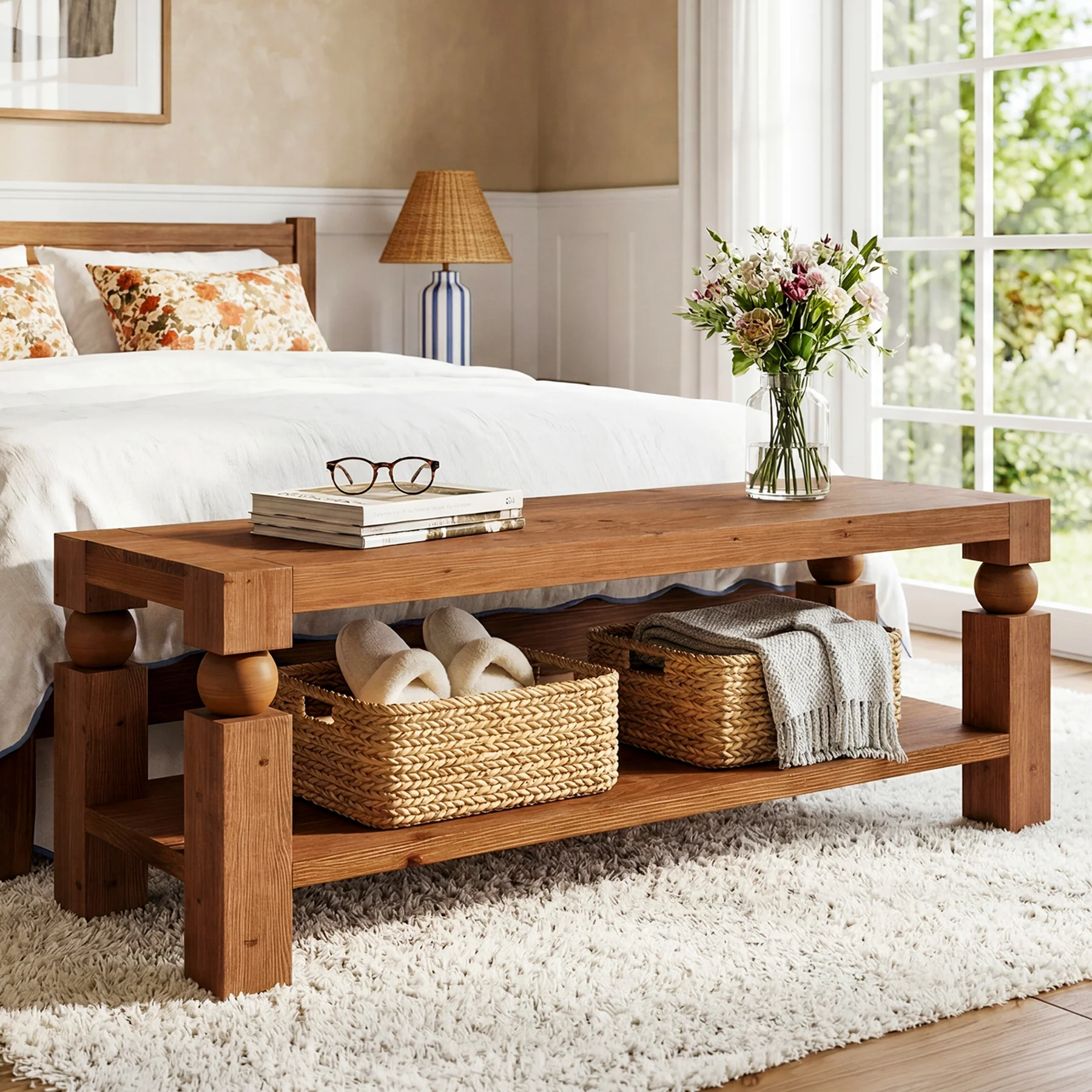 Solid Wood Entryway Bench, 47" Shoe Storage  Bench with Shelf for Hallway - Image 3