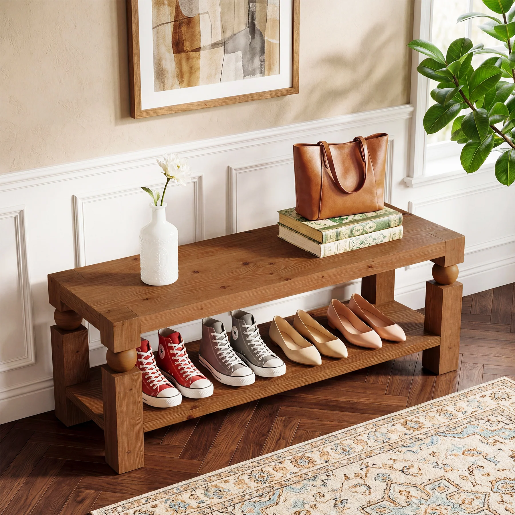 Solid Wood Entryway Bench, 47" Shoe Storage  Bench with Shelf for Hallway - Image 5